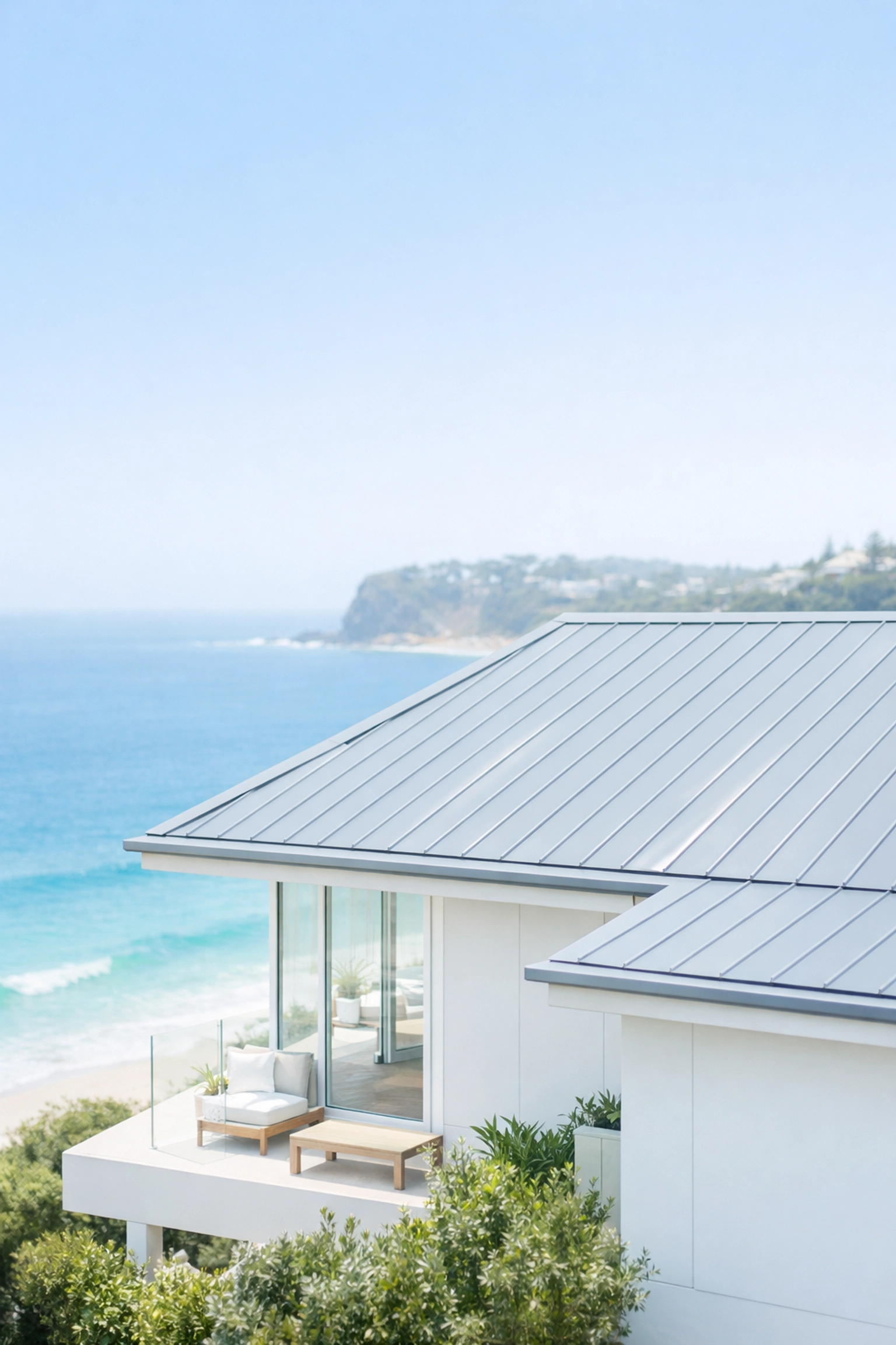 Modern Northern Beaches home with a durable light-grey metal roof near the coast.