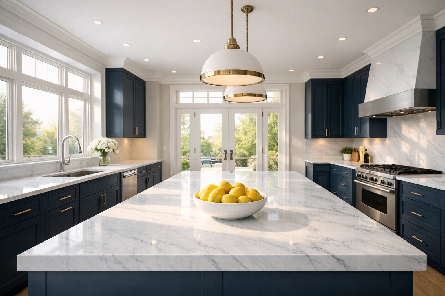 Clean, modern kitchen in a luxury Bolton home featuring marble countertops and blue cabinetry.