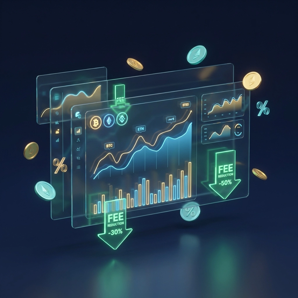 Futuristic dashboard showing crypto payment fee reduction and cost comparison between BitPay, Larecoin, and legacy processors.