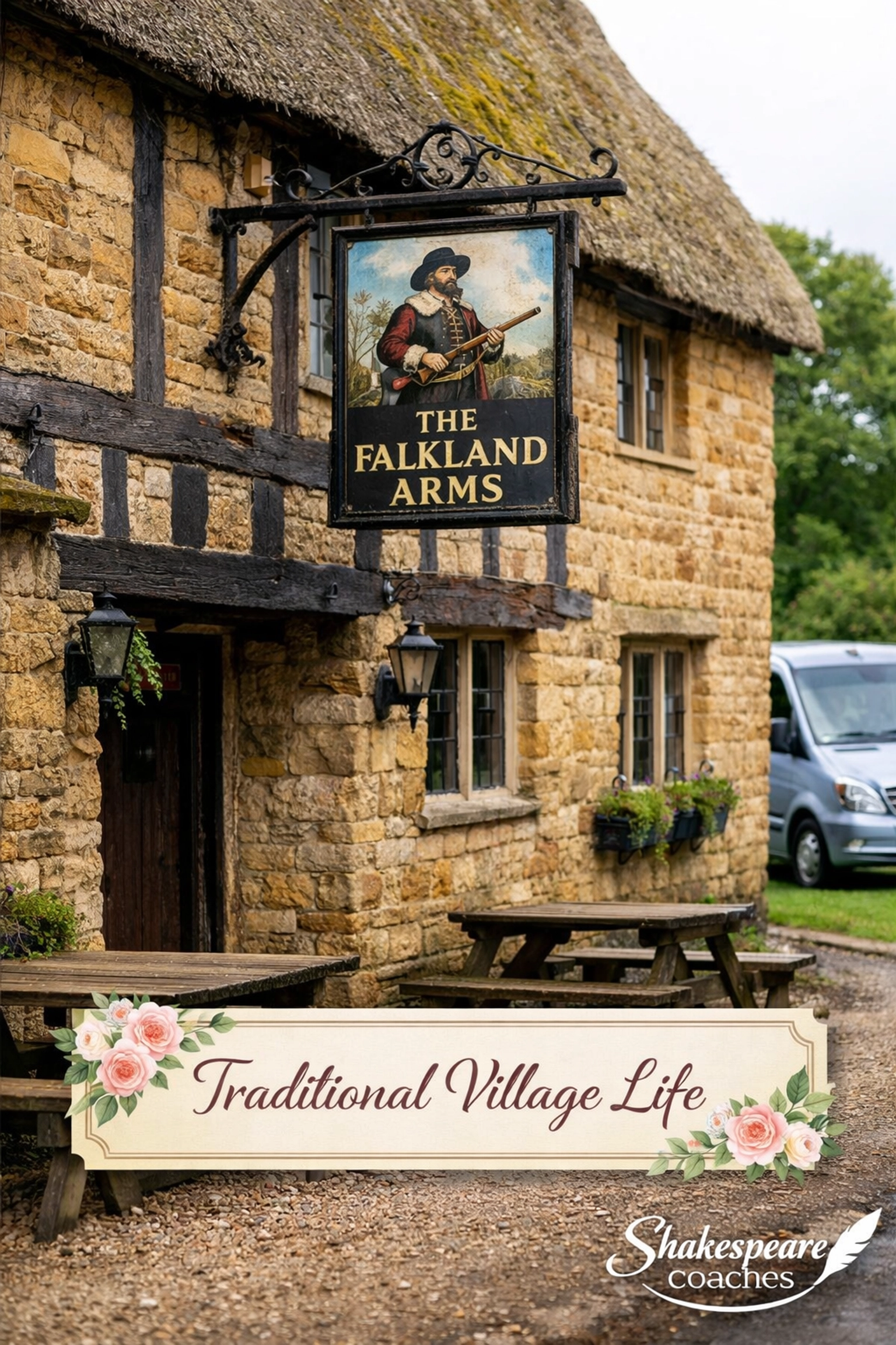 The historic Falkland Arms pub in Great Tew featuring a traditional thatched roof and timber beams.