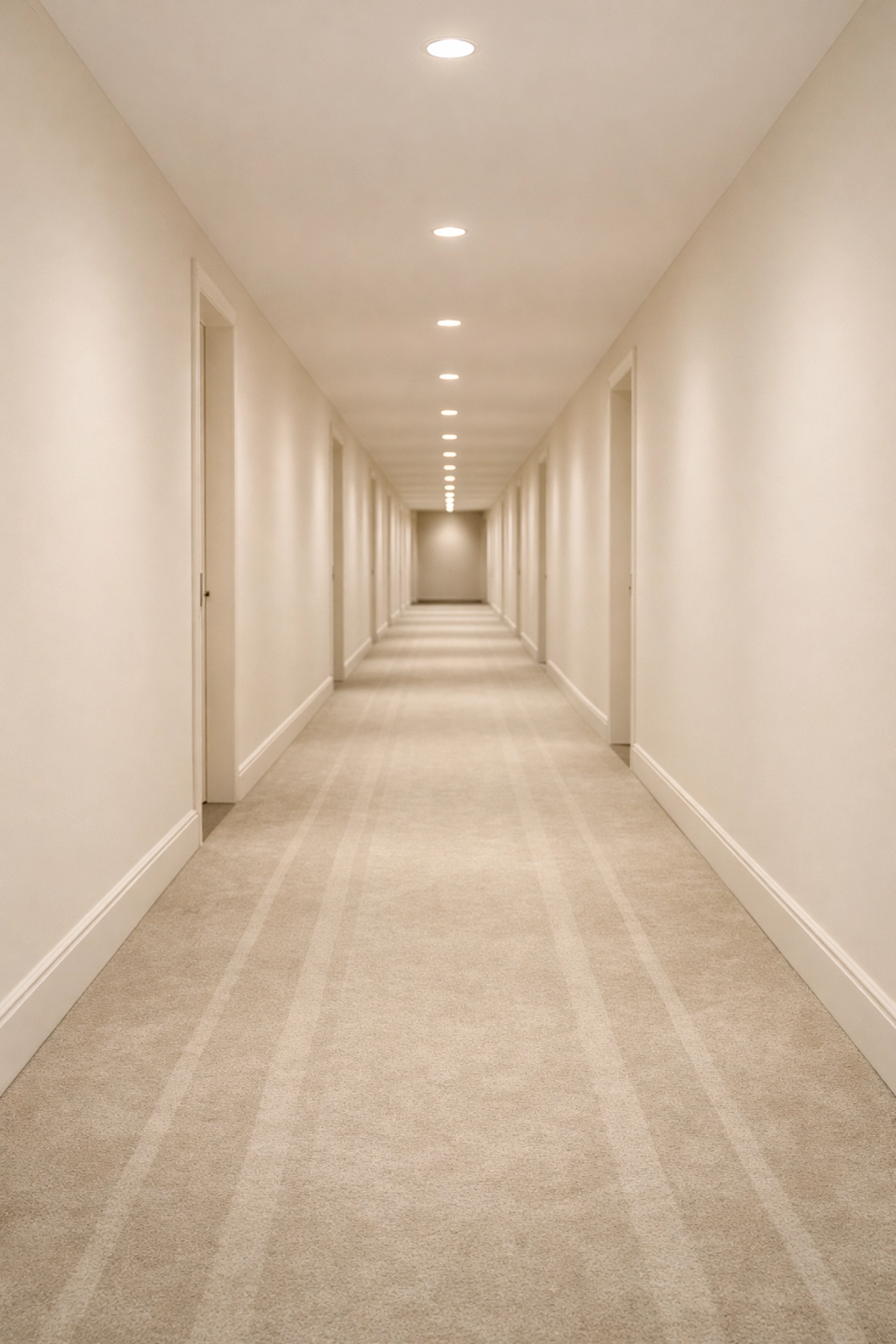 Clean luxury apartment corridor with professionally vacuumed carpets maintained by a reliable cleaning service.