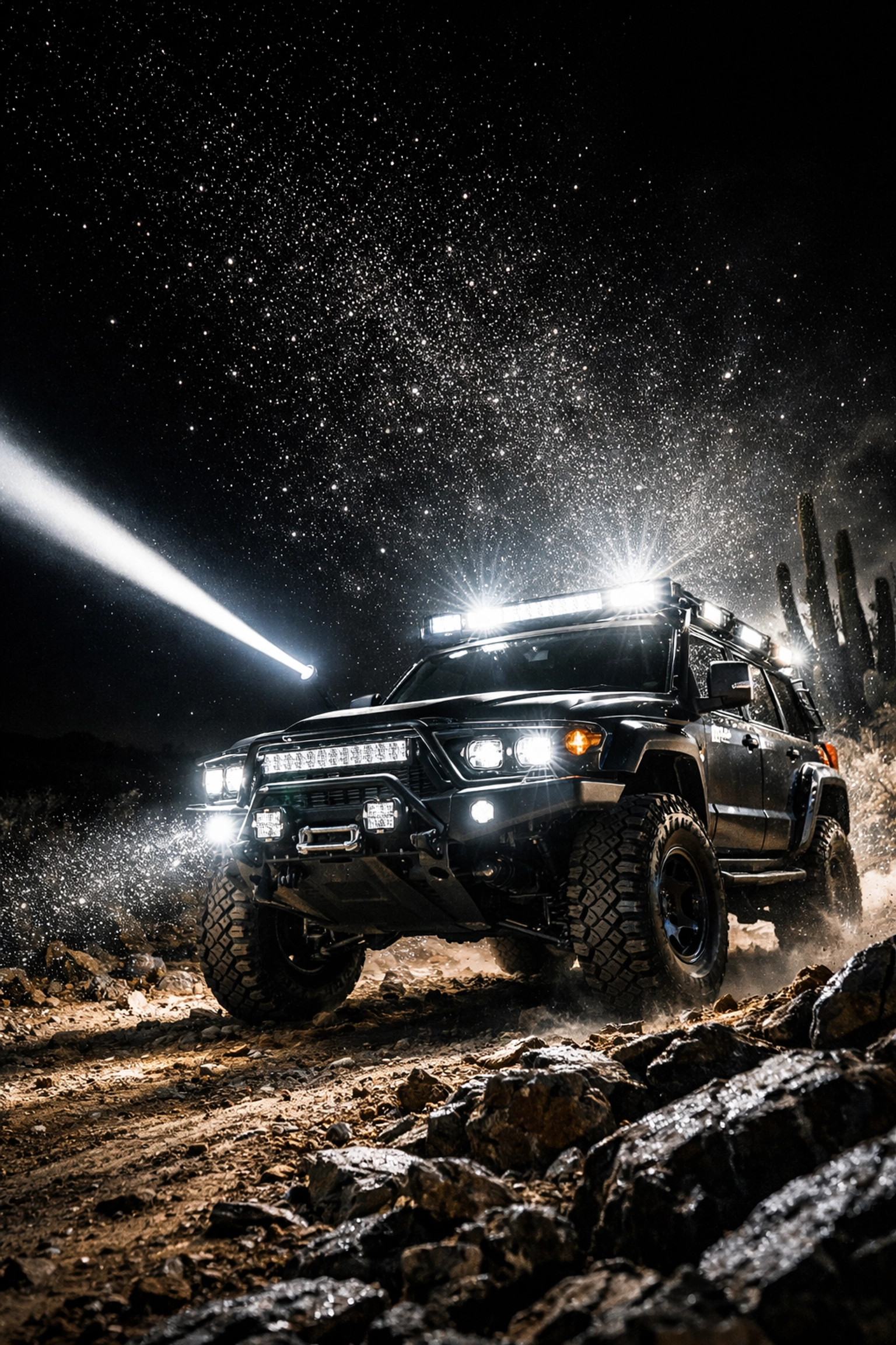 Off-road 4x4 vehicle with LED light bars showing wide flood and long-distance beam patterns.