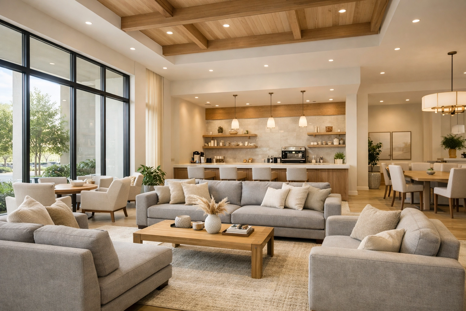 Spacious community clubhouse with modern furniture and large windows for resident social gatherings.