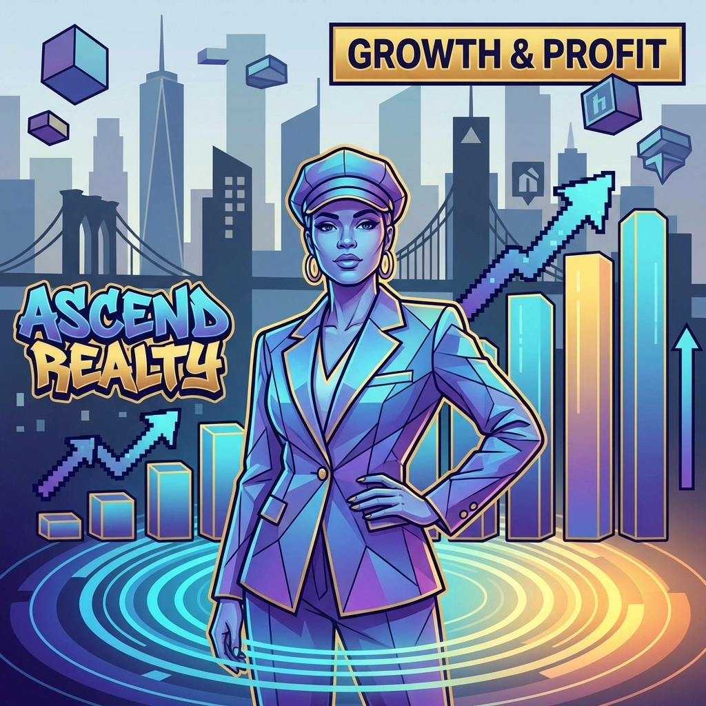 Stylized real estate agent surrounded by growth charts symbolizing success using predictive seller leads software.