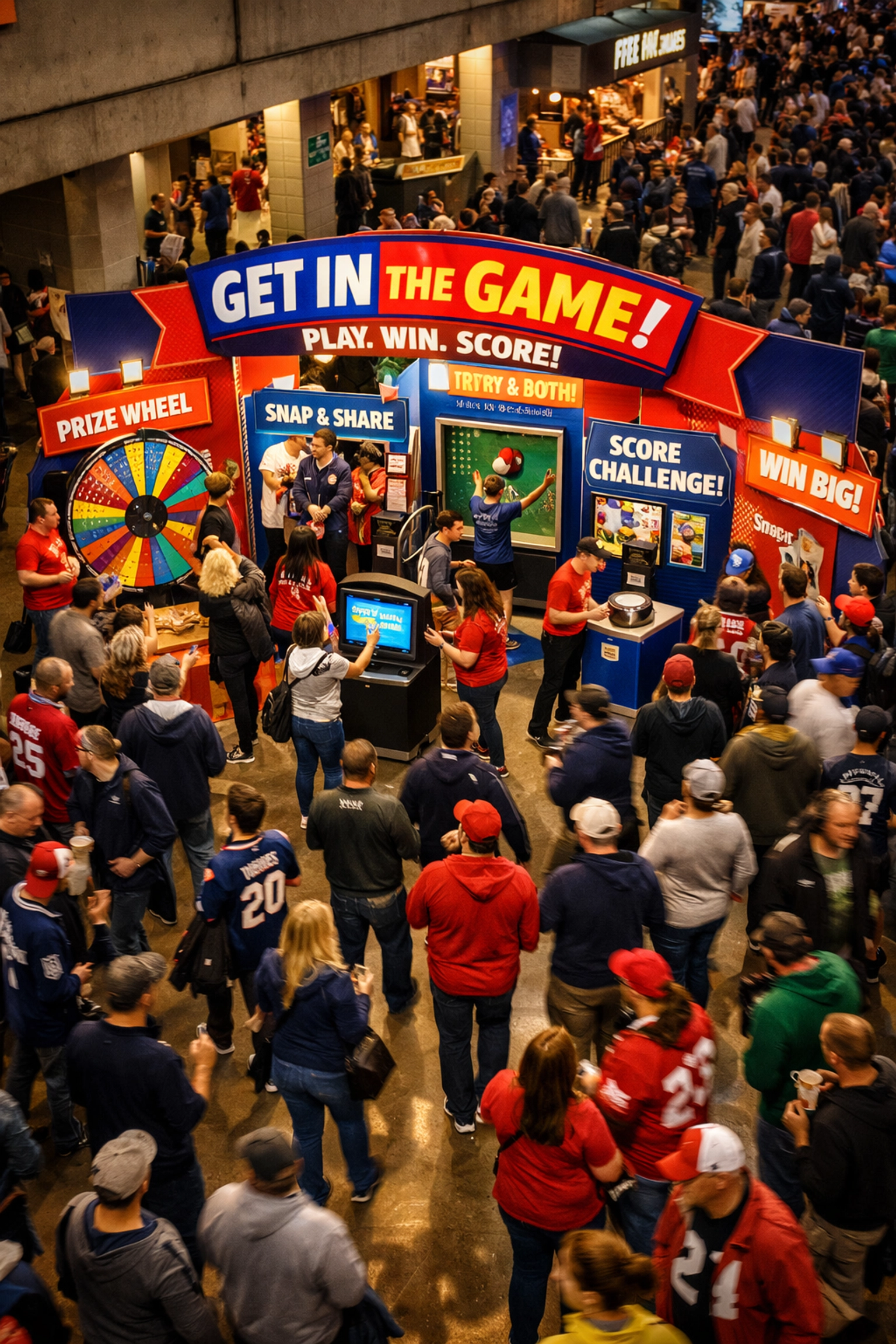 Fans engaging with brand activation booth at sports stadium concourse during event