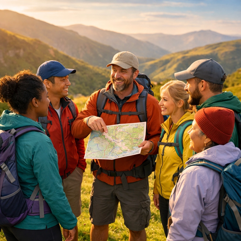 A group of hikers listening to a guide during one of many guided hiking tours in the UK.