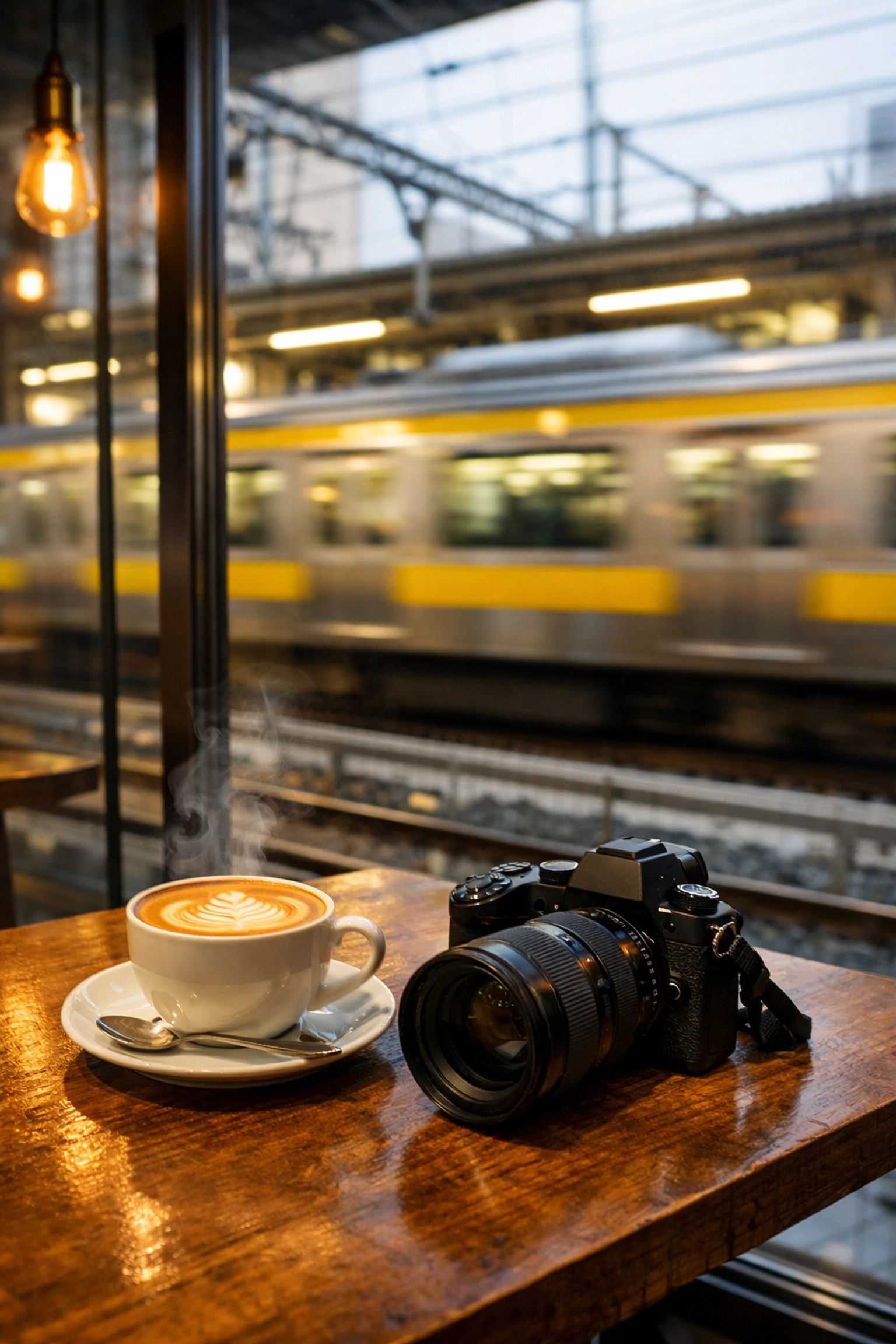 View from Platinum Fish Café in Kanda, Tokyo, capturing a blurring train, one of the best places to take pictures.