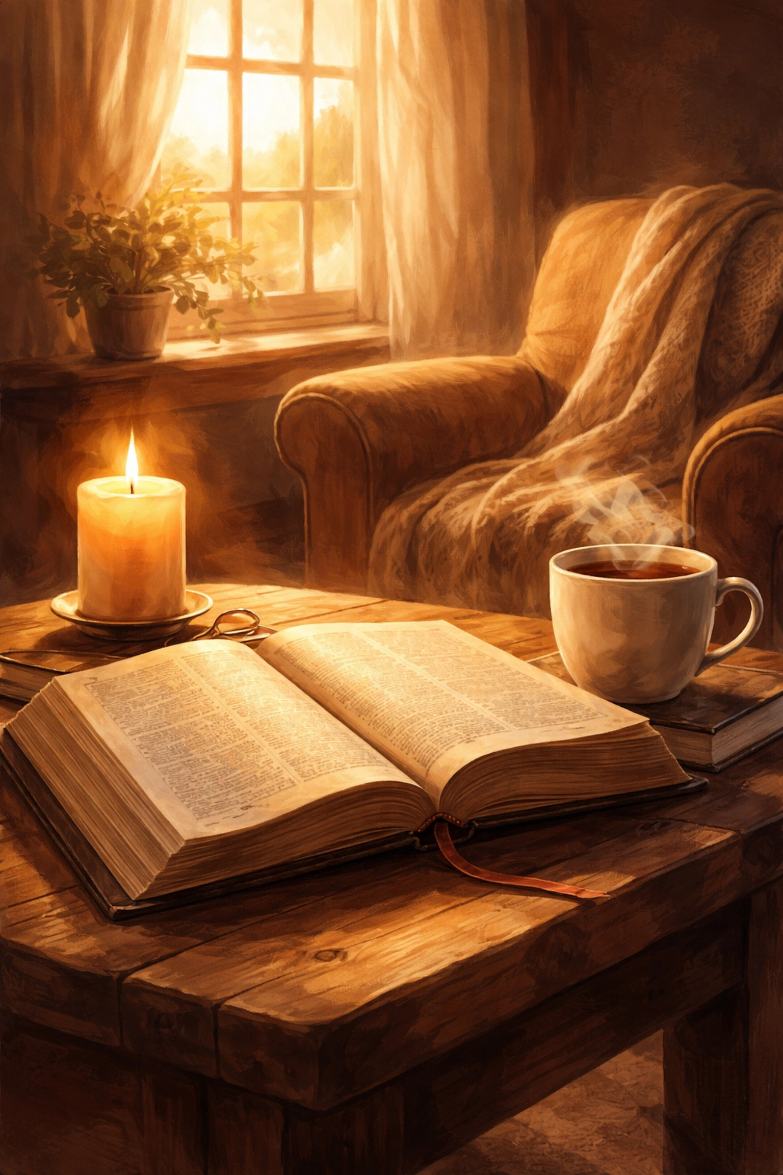 Open Bible and candle on a table, symbolizing spiritual reflection before receiving the baptism in the Holy Spirit