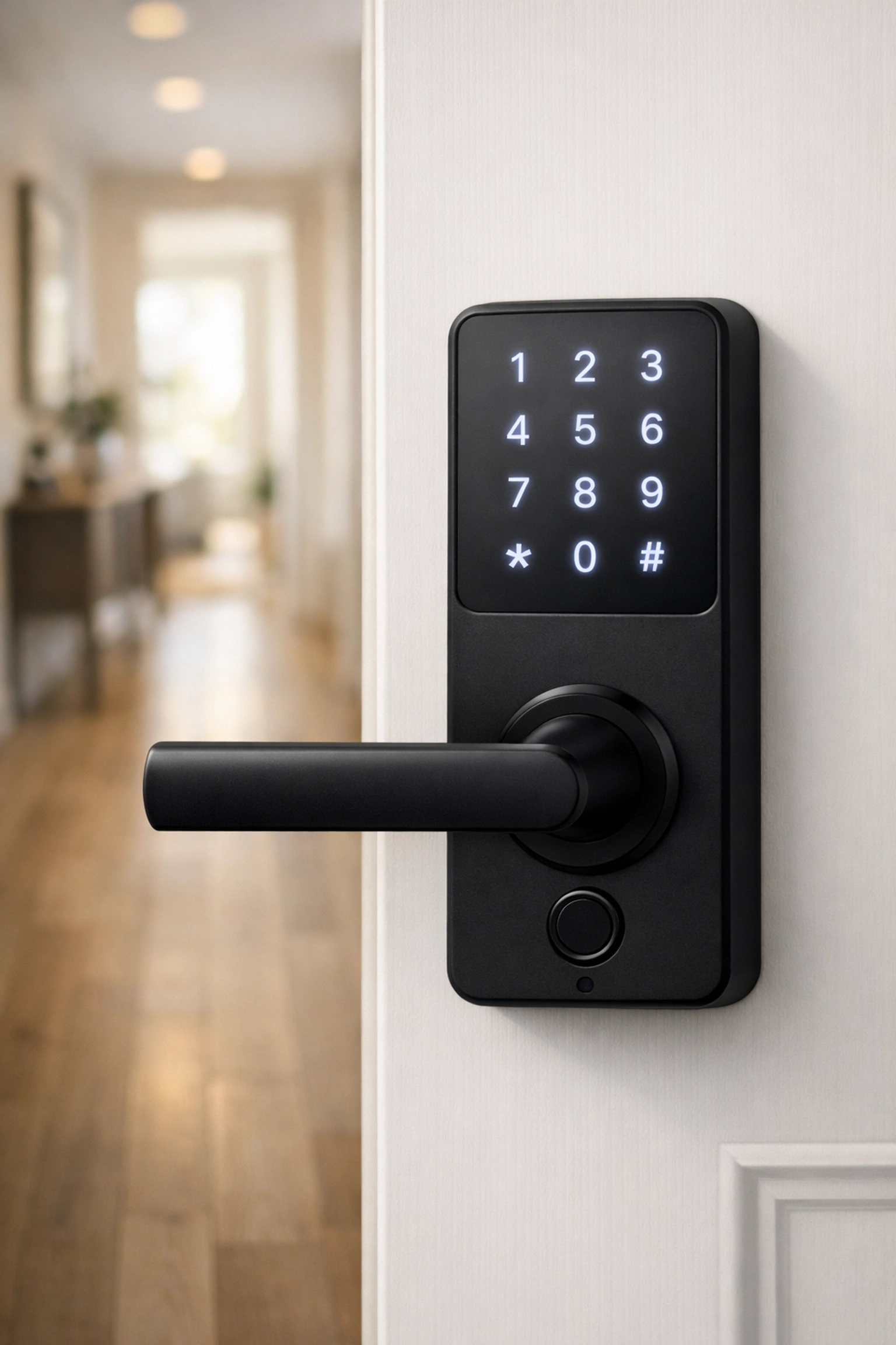 Matte black digital smart lock on a Raleigh bedroom door for enhanced privacy in professional co-living homes.