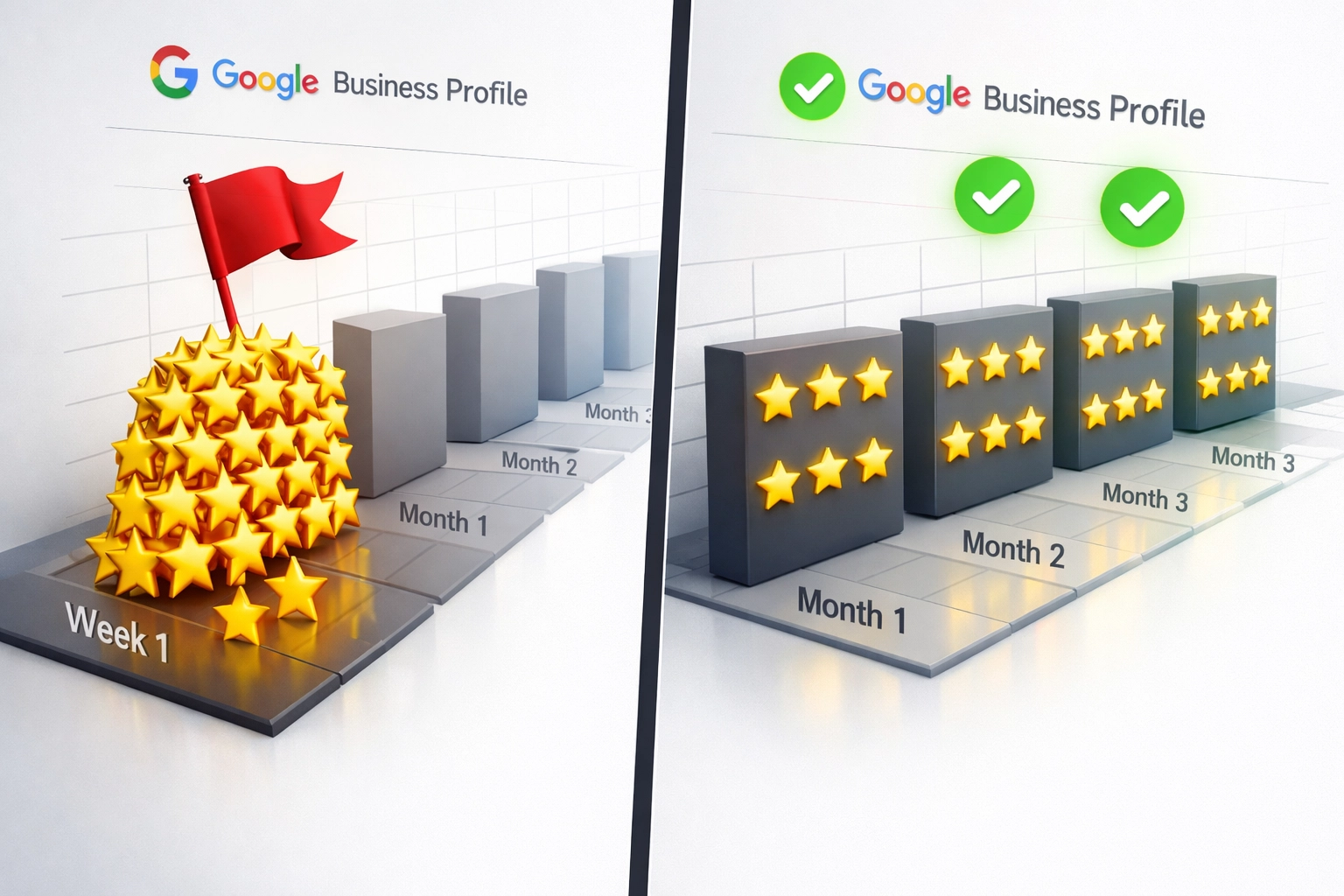 Comparison of review spike pattern versus consistent monthly Google reviews for local businesses