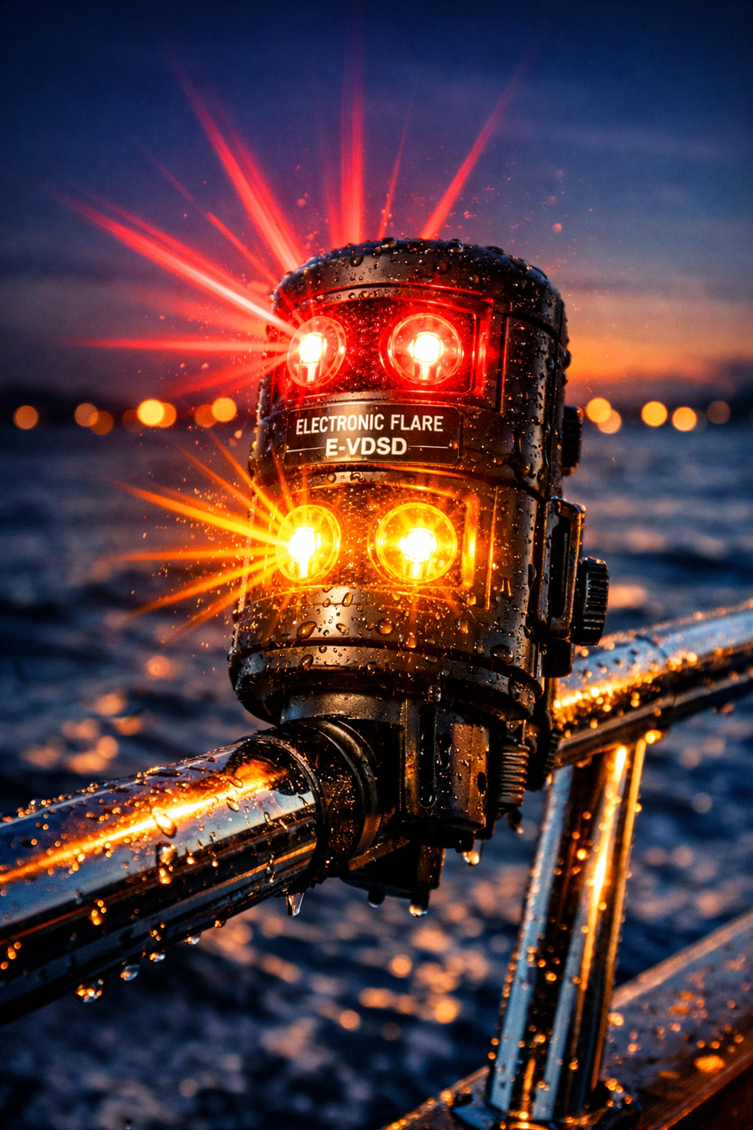 Electronic visual distress signal device with LED lights mounted on boat railing at dusk