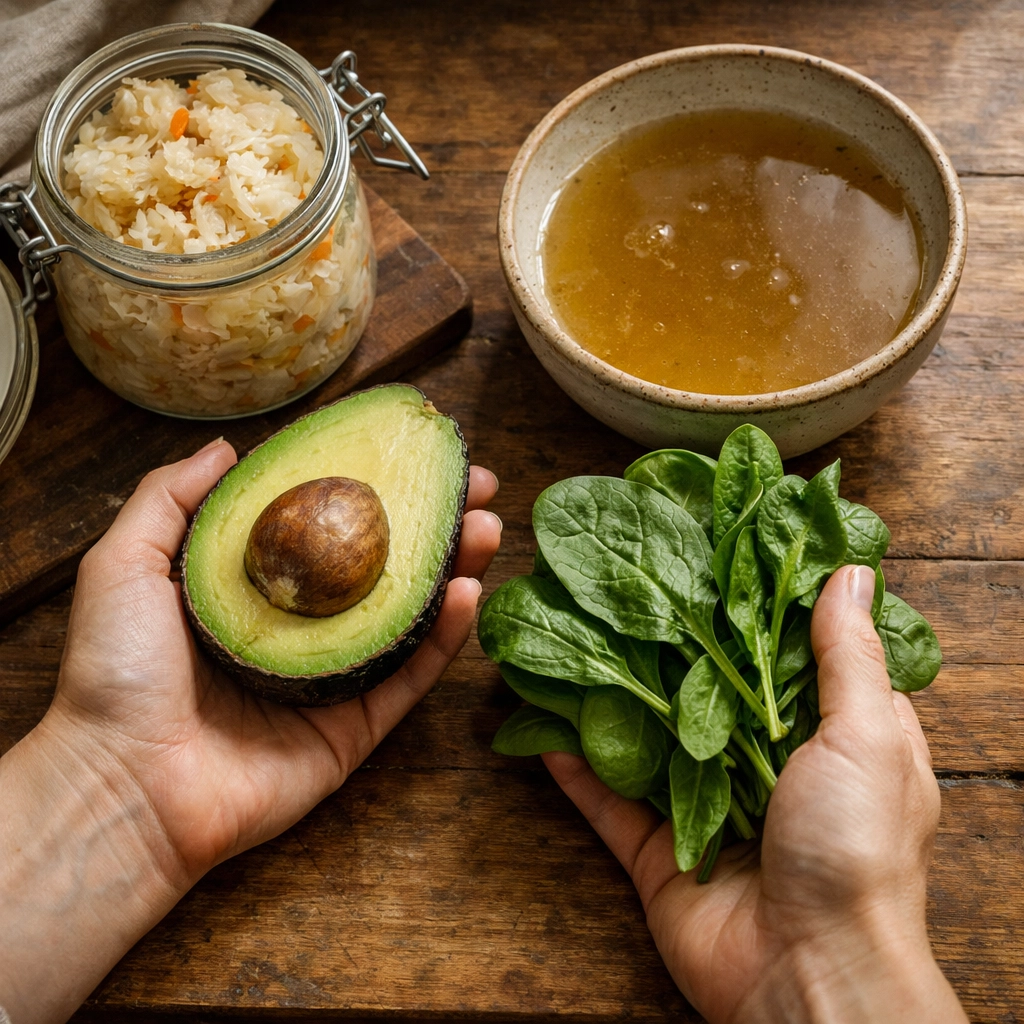 Hands hold a halved avocado and fresh spinach over a wooden table with a jar of rice and bowl of soup, creating a fresh, healthy mood.