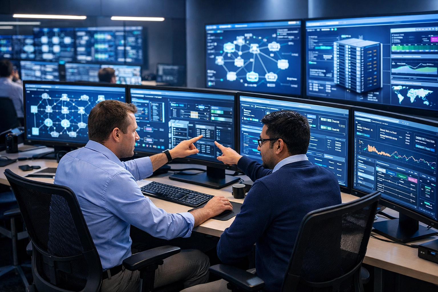 IT operations team monitoring network topology and event correlation in ServiceNow ITOM environment