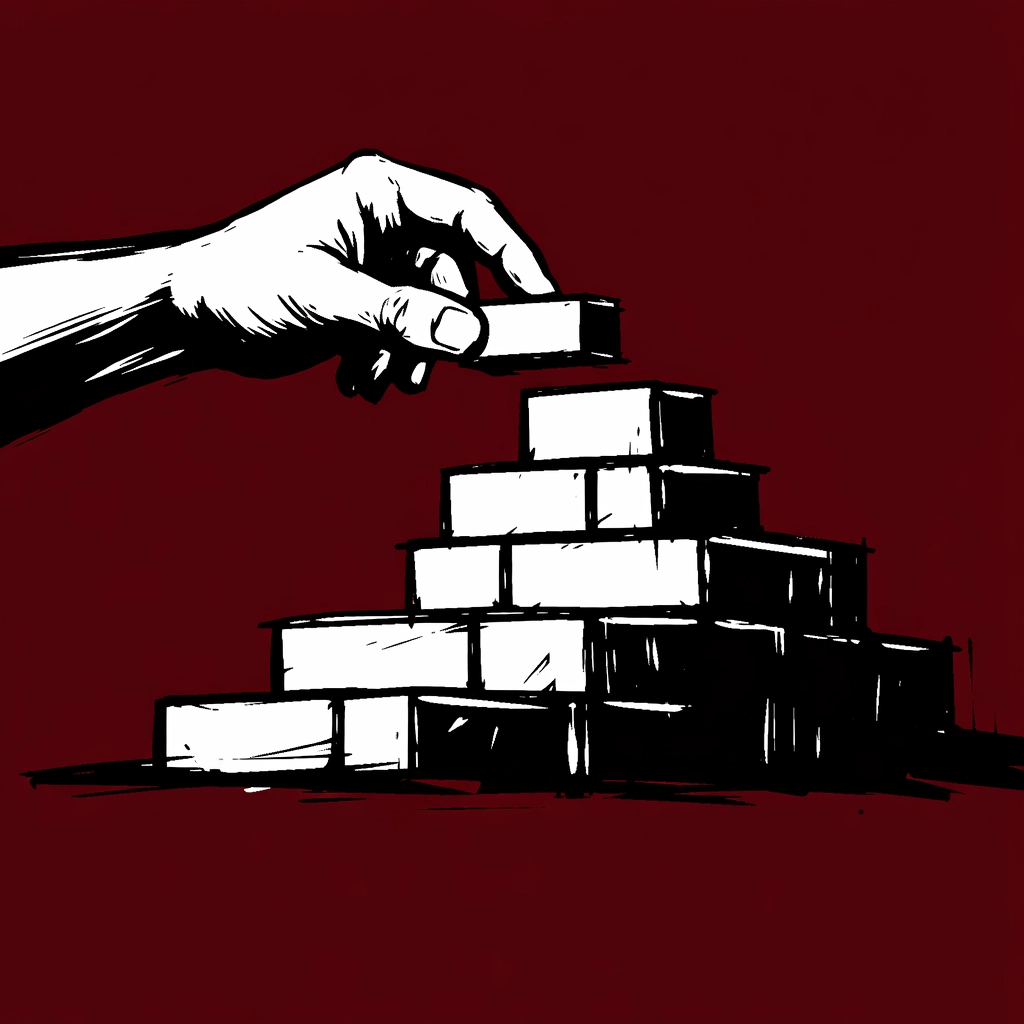 Hand building a stage platform block by block representing IncluHub ecosystem creation from scratch