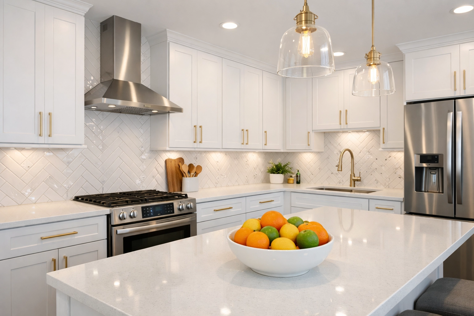 Modern kitchen remodel in Orlando featuring white shaker cabinets and a herringbone tile backsplash.