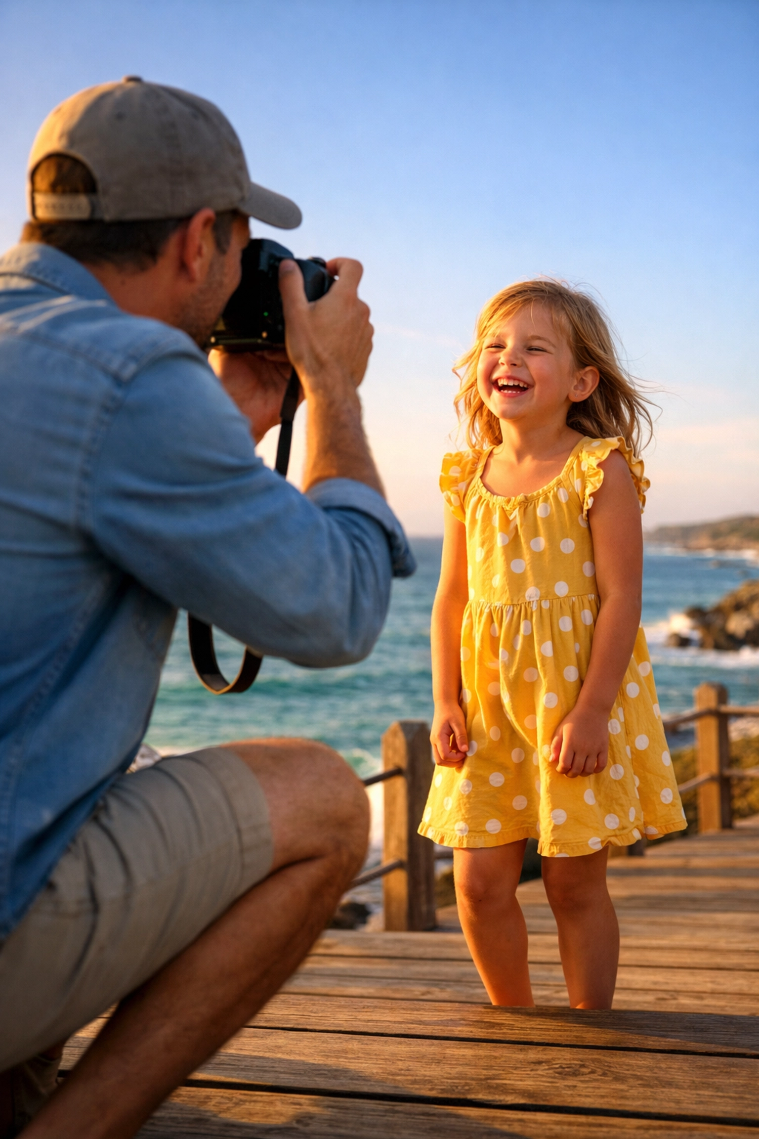 The Ultimate Guide to Stress-Free Family Travel: Everything You Need to Succeed from Packing to Posing 3 A father capturing a candid vacation photo of his daughter on a scenic coastal boardwalk at sunset.
