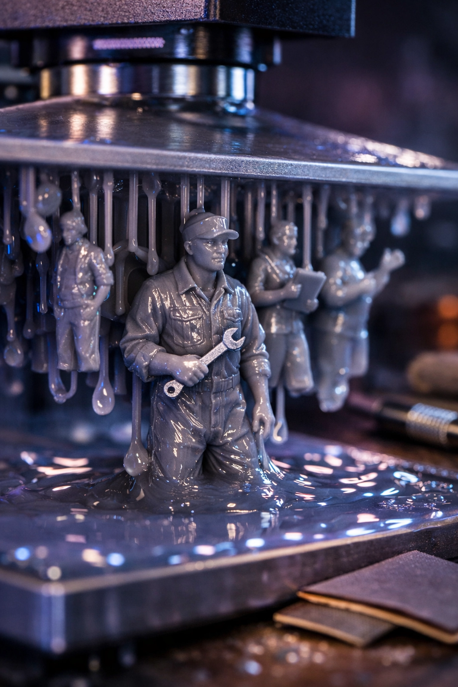Custom 3D printed 1:64 scale human figures with realistic details being manufactured in a resin printer.