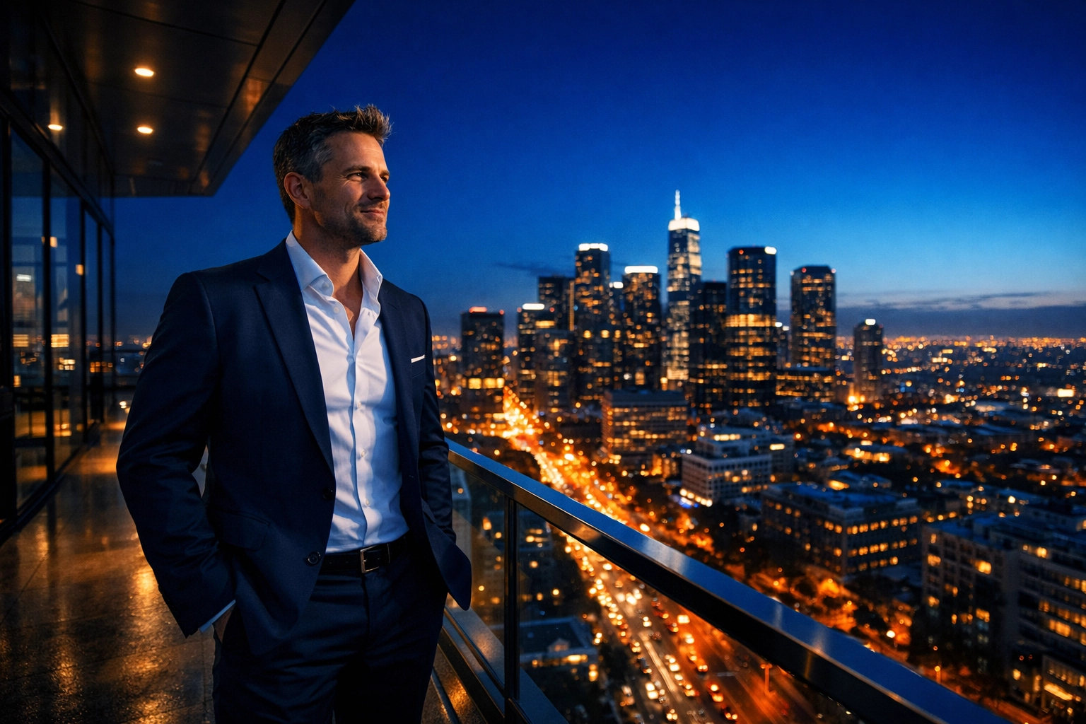 A confident business owner overlooking a city skyline after a successful, confidential business exit.