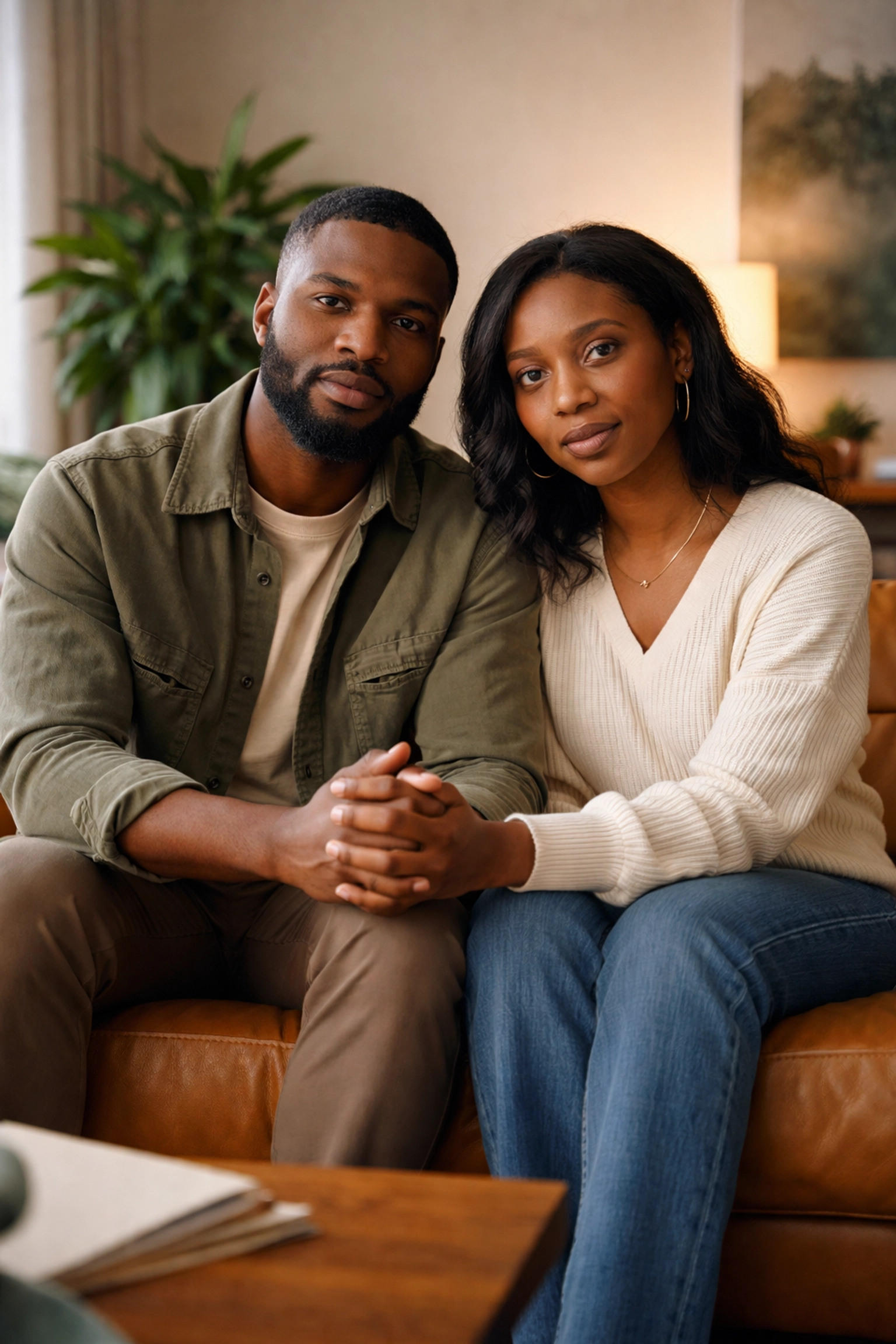 Black couple holding hands on a couch in therapy, recommitting and rebuilding relationship trust