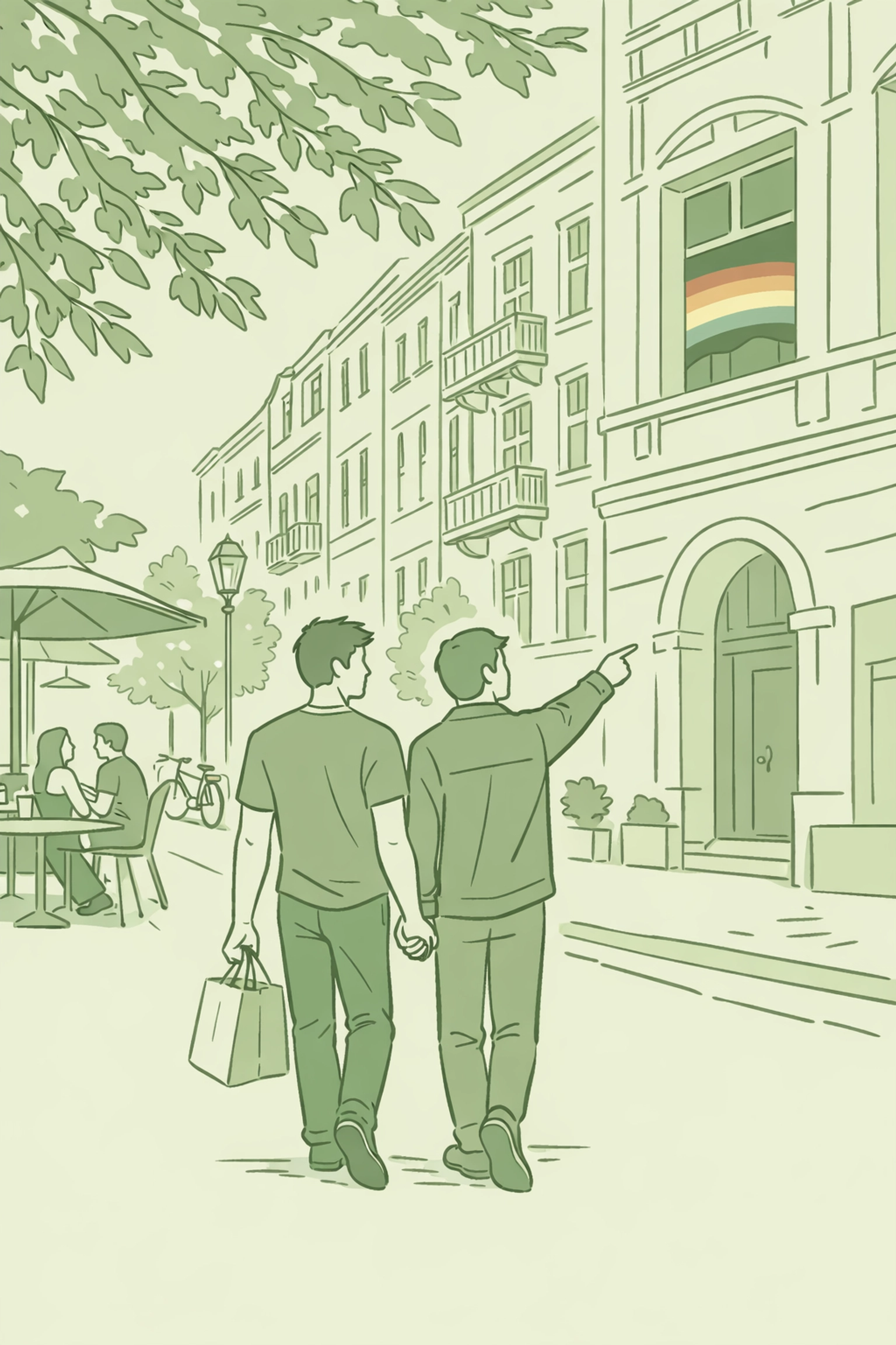 Gay couple in modern Schöneberg Berlin district, showing contemporary LGBTQ+ neighborhood culture
