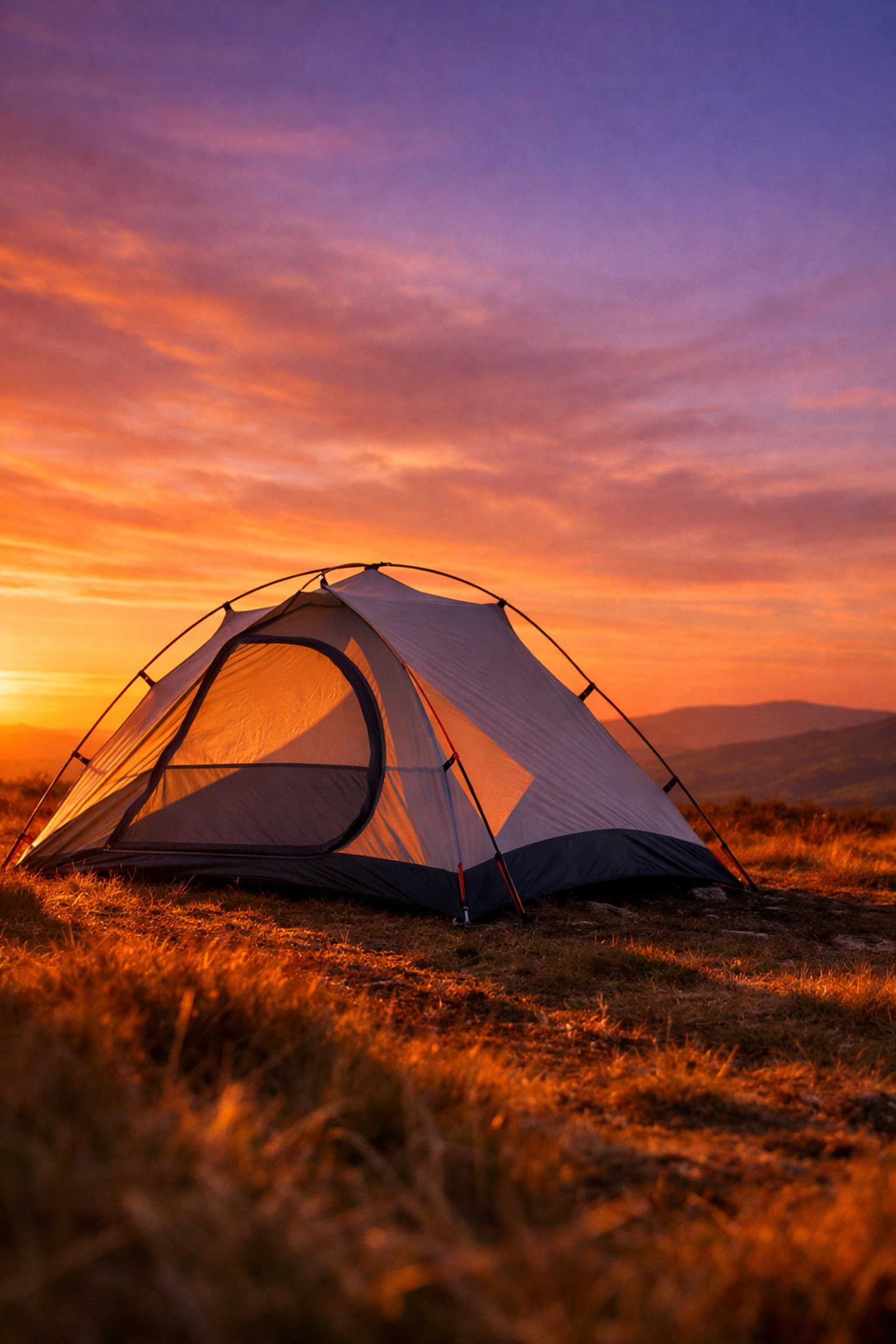 Lightweight tent pitched at dusk for wild camping guided UK adventure on moorland