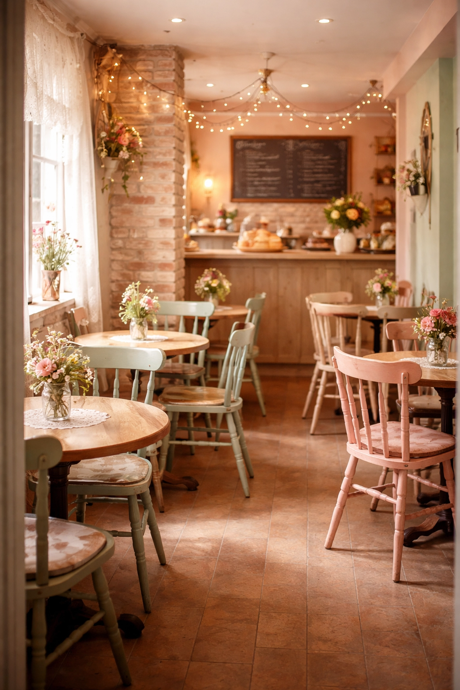 Inviting interior of a family-owned independent Felixstowe cafe with pastel decor and relaxed seating.