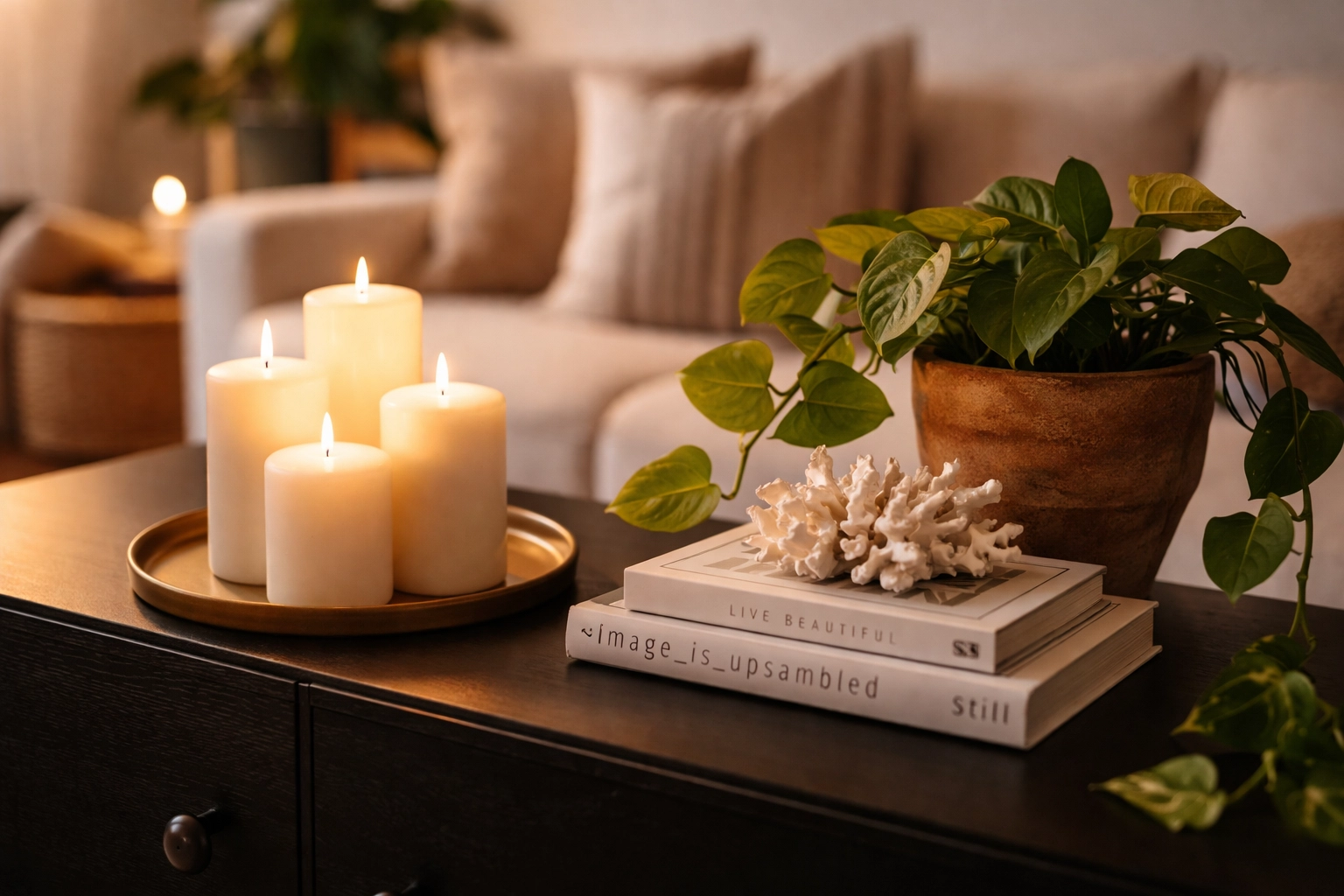 Styled black sideboard top with candles, books, and plants showcasing seasonal decor ideas