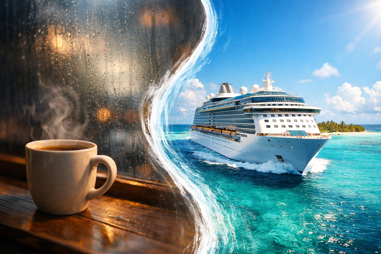 A cruise ship in tropical waters illustrating Wave Season savings and affordable cruise ship group rates.