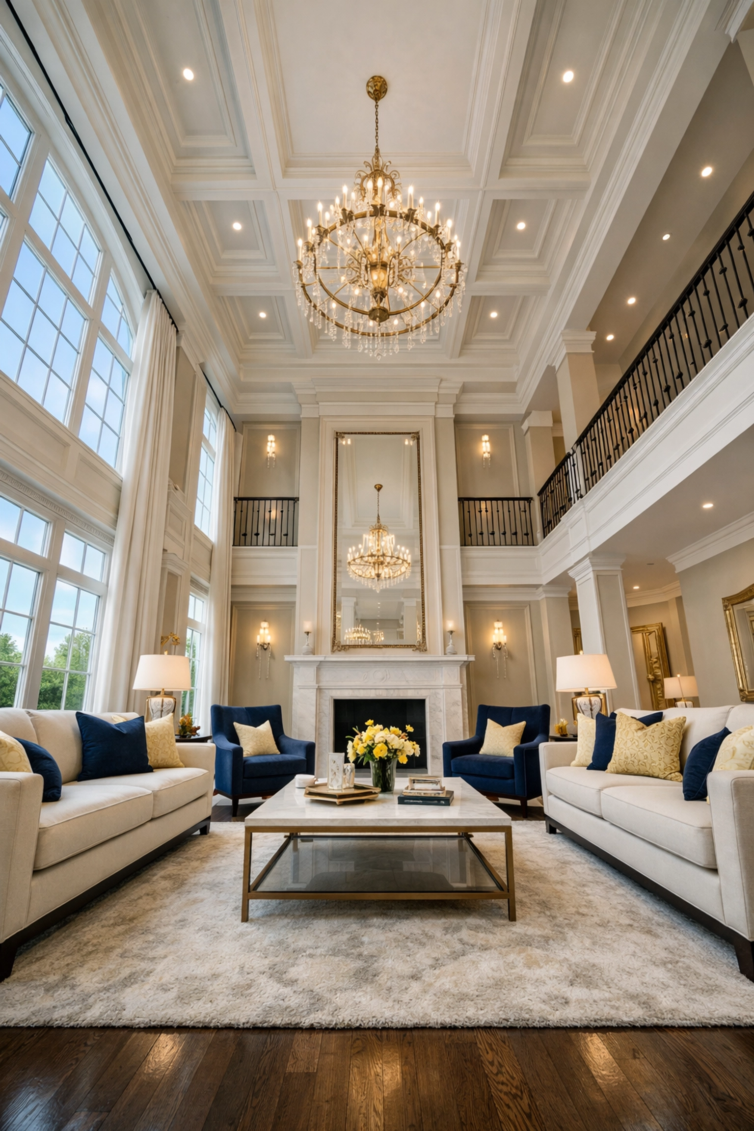 Top-to-bottom residential cleaning in Massachusetts for a grand, high-ceilinged Dover living room.