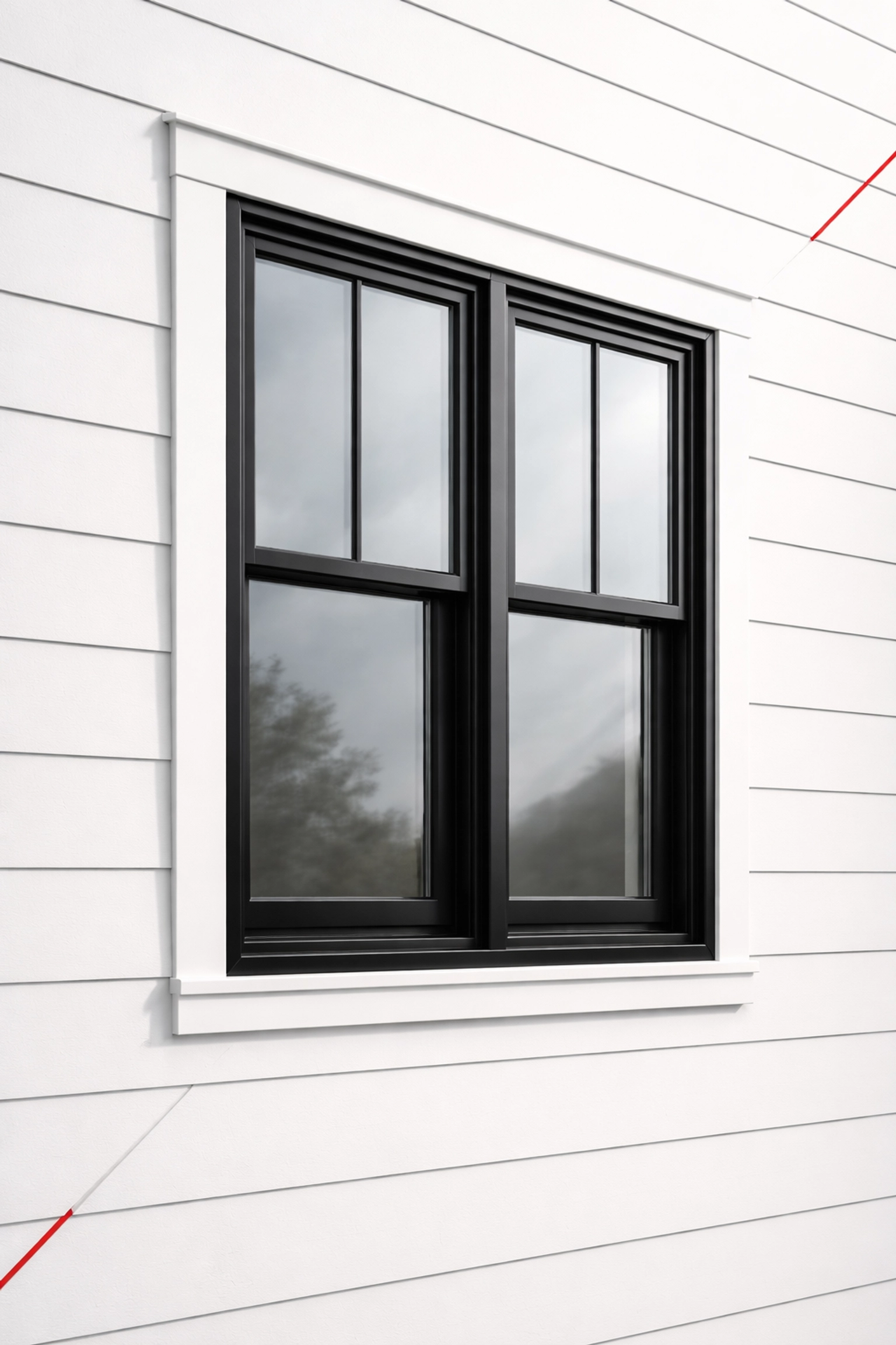 Modern black-framed window installed with white fiber cement siding, highlighting energy-efficient and stylish window options.