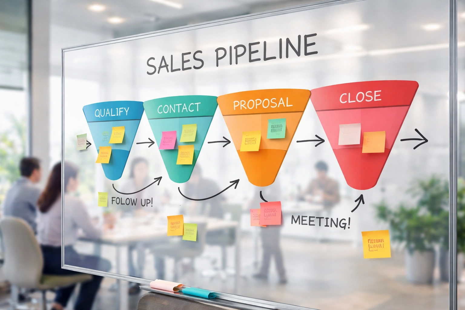 Modern office whiteboard showing a sales pipeline diagram, representing Zoho CRM sales velocity analytics