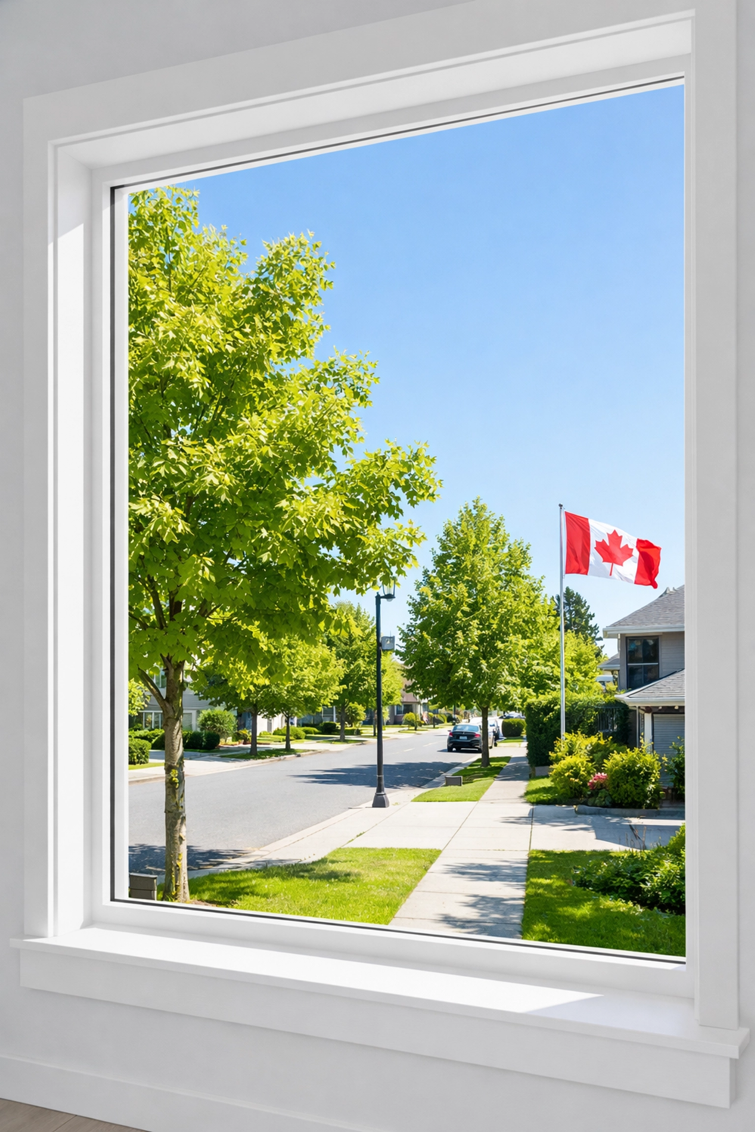 Sunlit Canadian street viewed through a clean window representing local business visibility in search results.