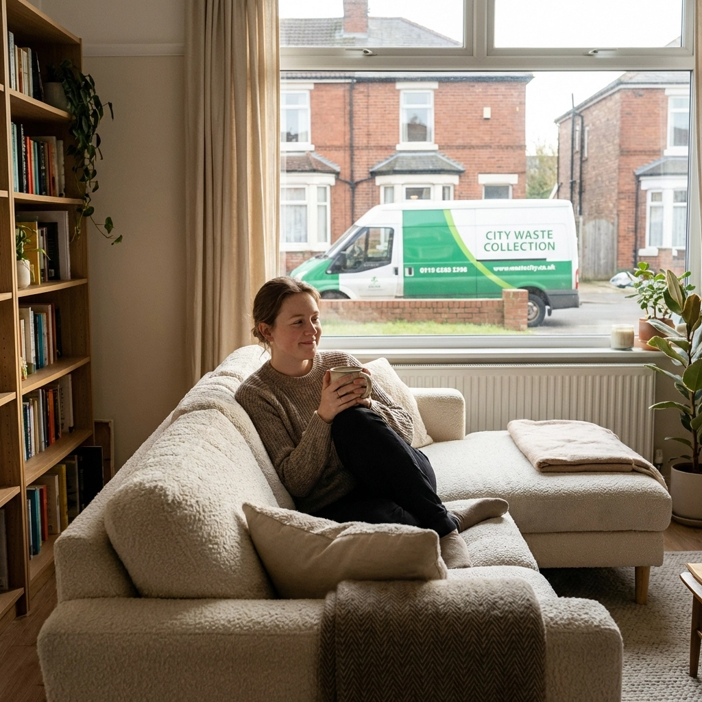 Homeowner relaxing in a tidy living room after hassle-free rubbish removal, collection van visible outside