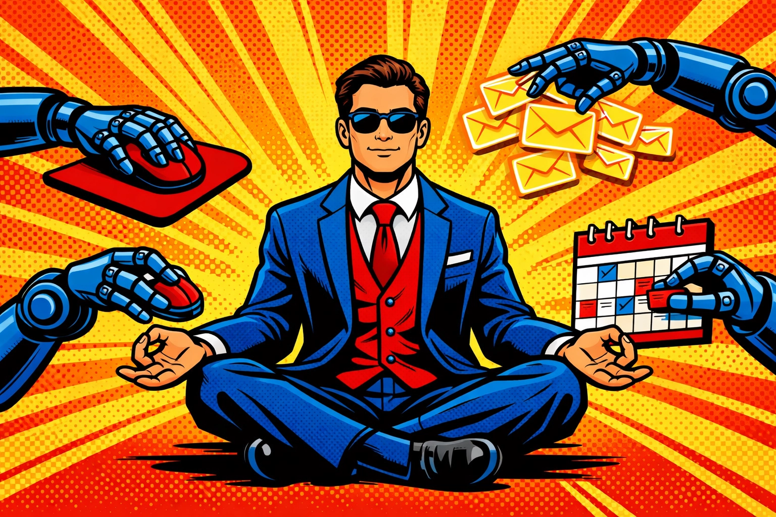 A calm business owner meditating while AI robotic arms handle administrative tasks and scheduling.
