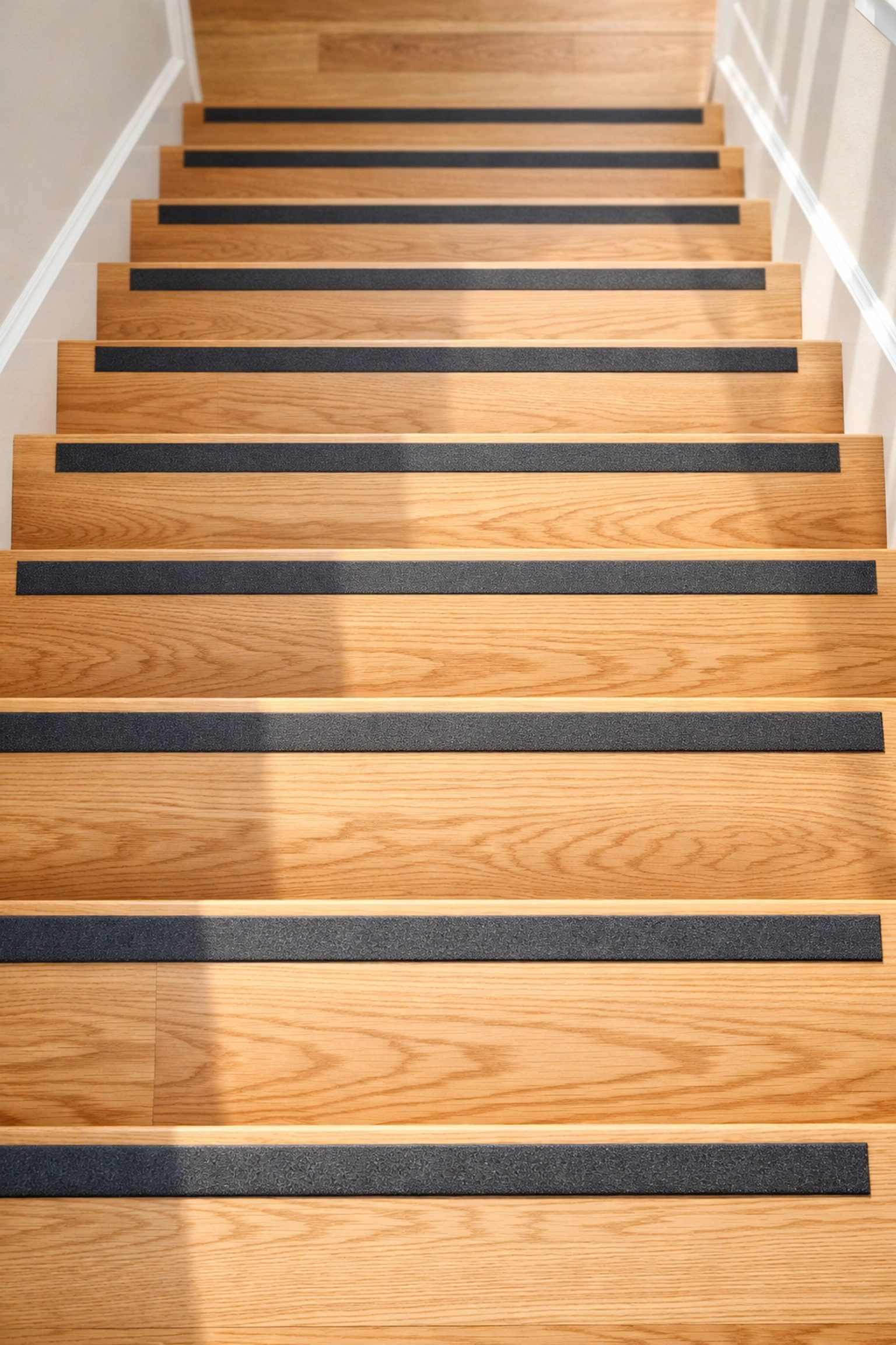 High-contrast visibility strips on hardwood stairs to help seniors see step edges and prevent falls.