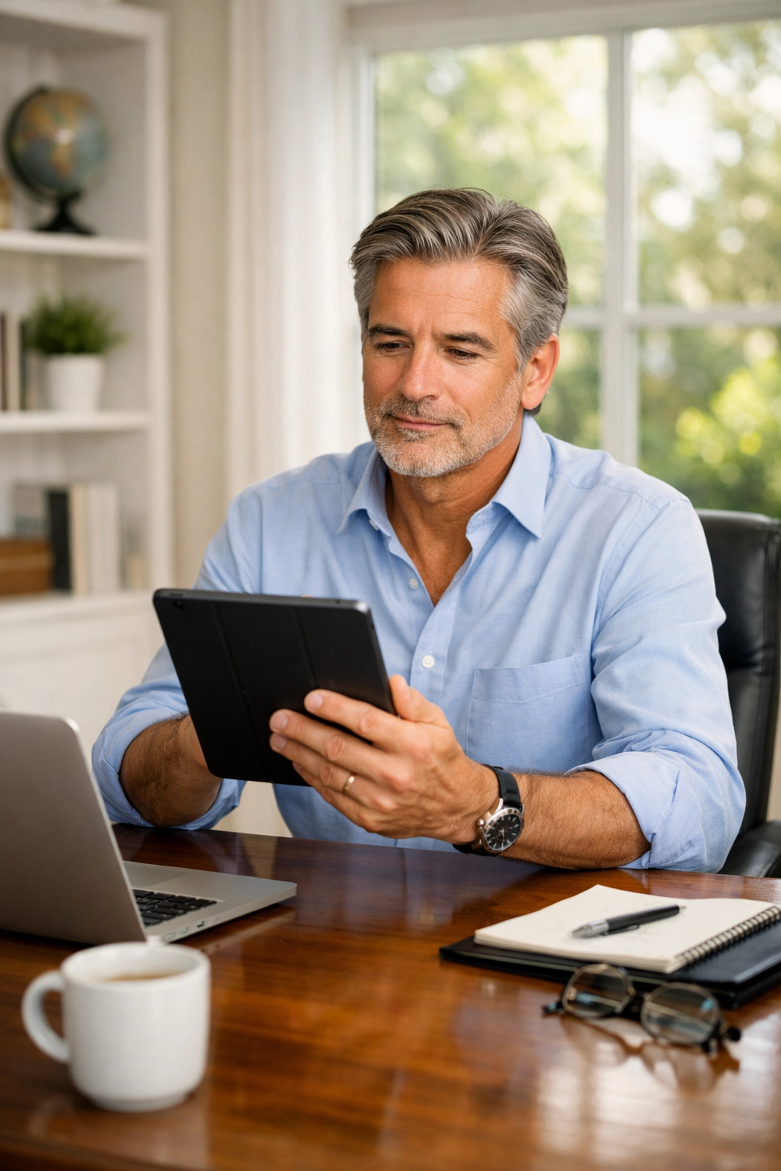Confident retiree managing his guaranteed retirement income strategy in a calm home office setting.