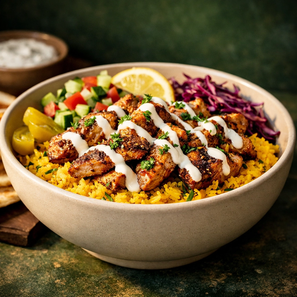 Gyro Republic signature halal chicken rice bowl, a top-ranked Portland Greek food favorite on DoorDash.