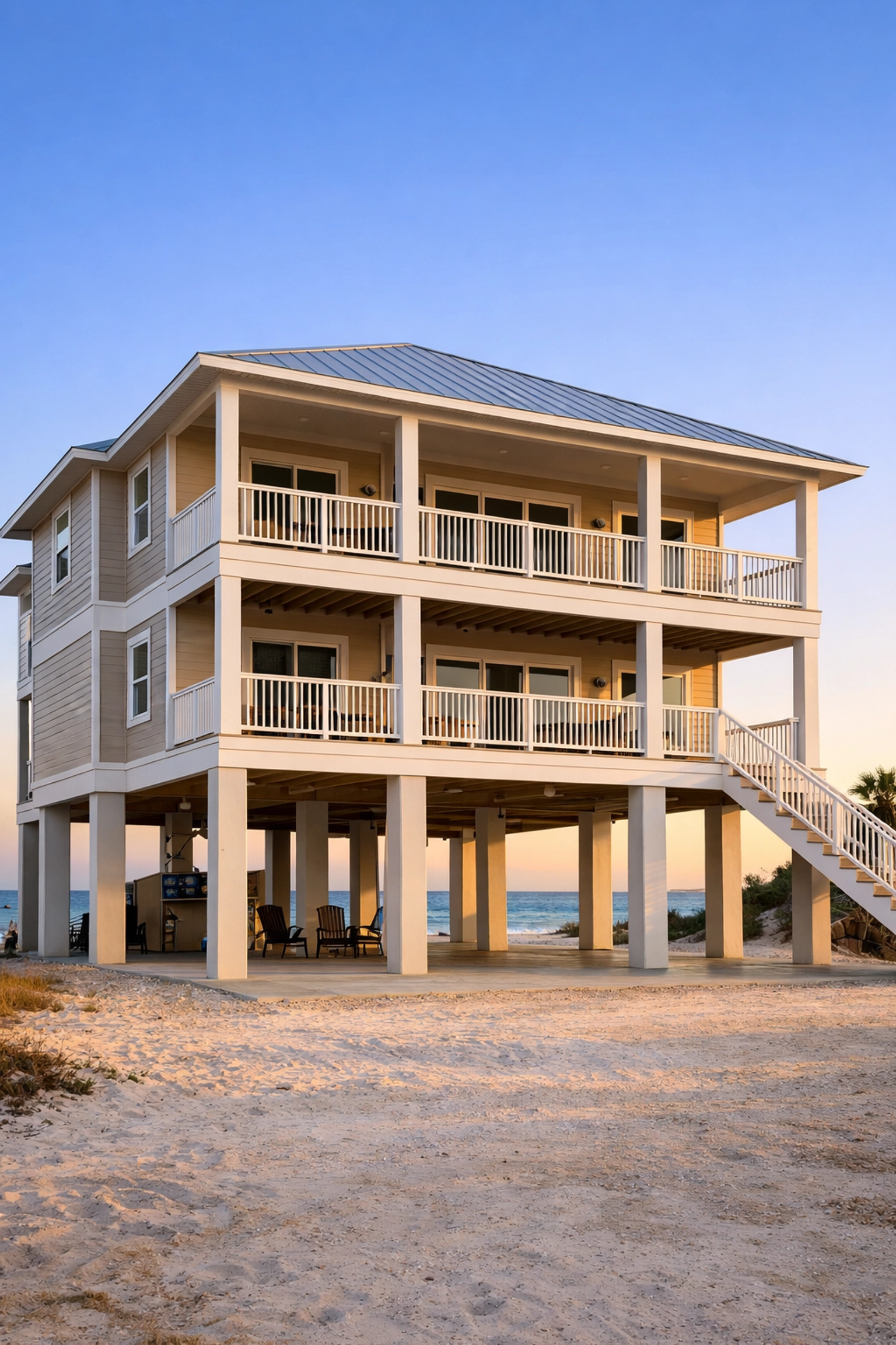 Florida coastal home elevated on pilings showing flood elevation compliance