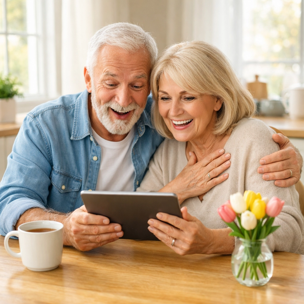 Bucks County seniors checking their PA property tax rebate eligibility on a tablet.