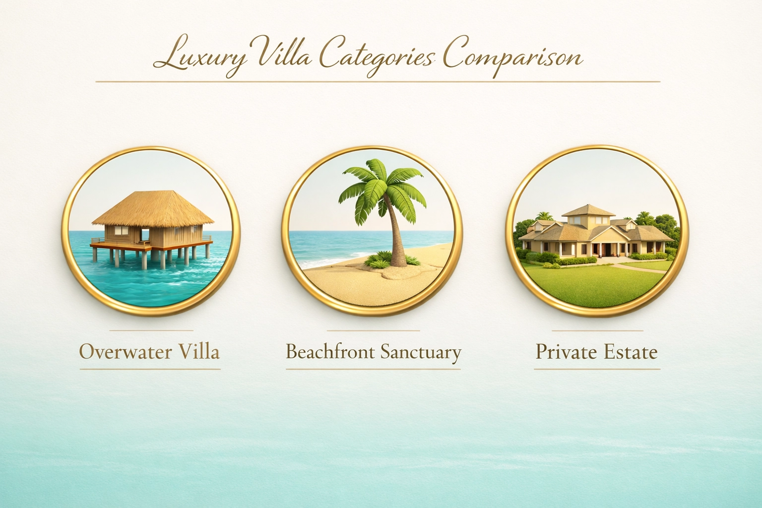 Comparison of Maldives luxury villa types including overwater villas, beachfront sanctuaries, and private estates.