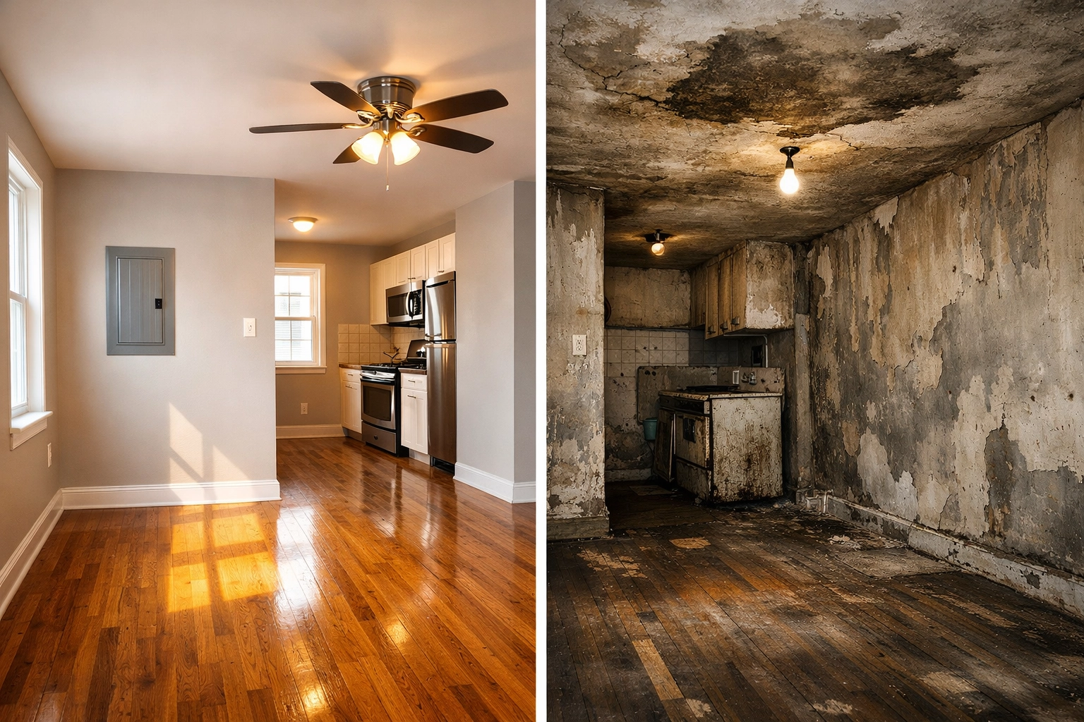 Comparison of well-maintained vs neglected Philadelphia rental property interiors