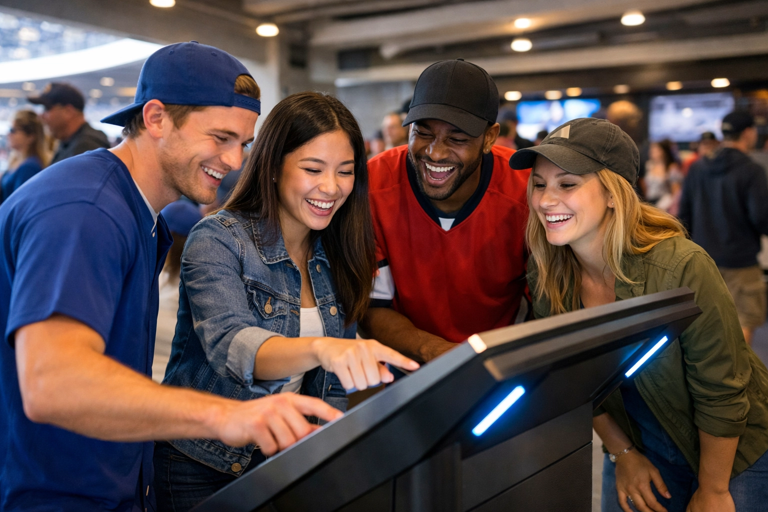 Fans using an interactive kiosk in a stadium concourse for sports sponsorship activation