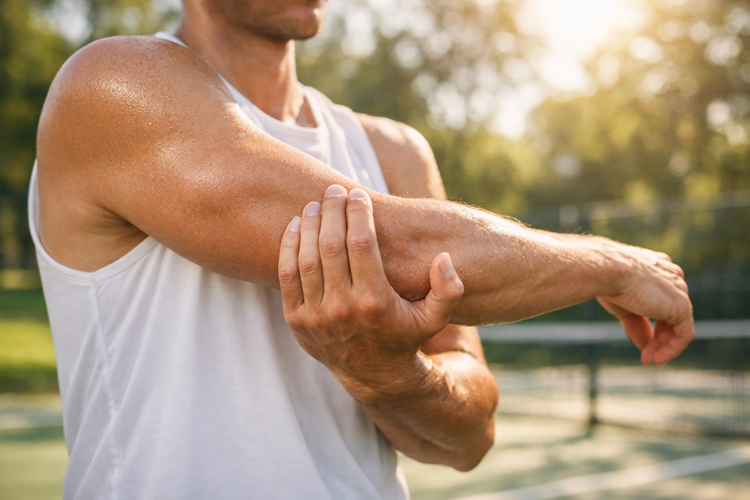 Tennis Elbow: A Natural joint pain relief shown by an athlete stretching after using French green clay.
