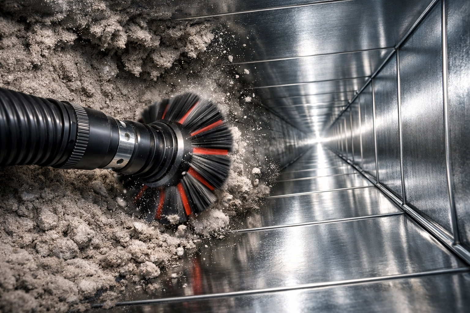 Professional air duct cleaning removing debris from vents after water damage restoration to improve home air quality.