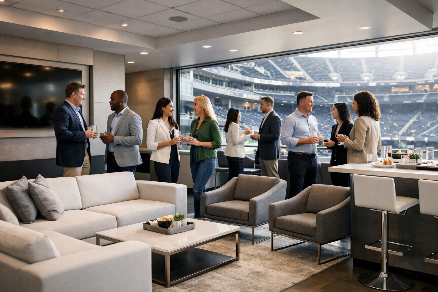 Professional networking in a corporate hospitality suite for large-scale event management and sponsorship activation.
