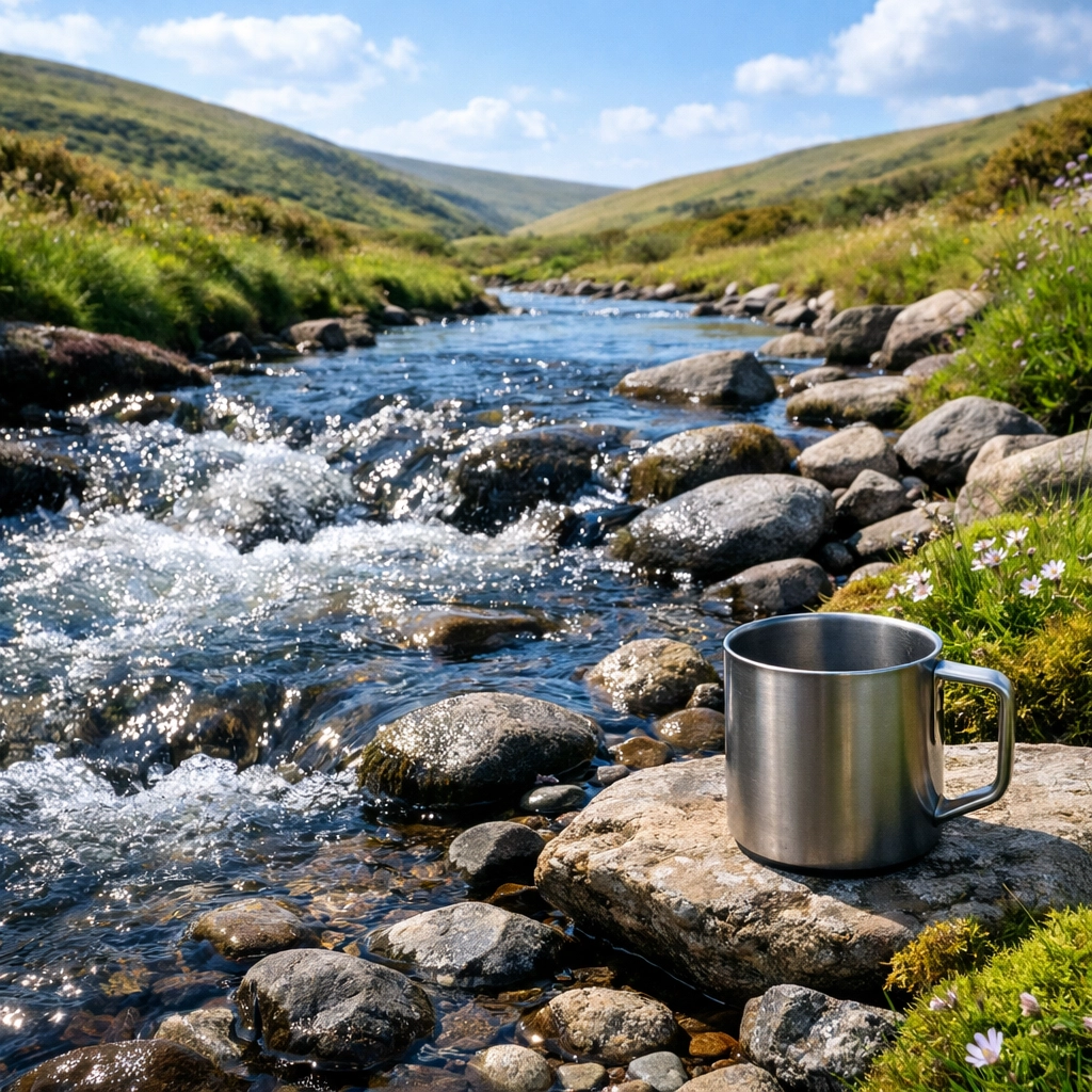 Clear stream flowing through UK moorland with a metal camping mug on a rock.