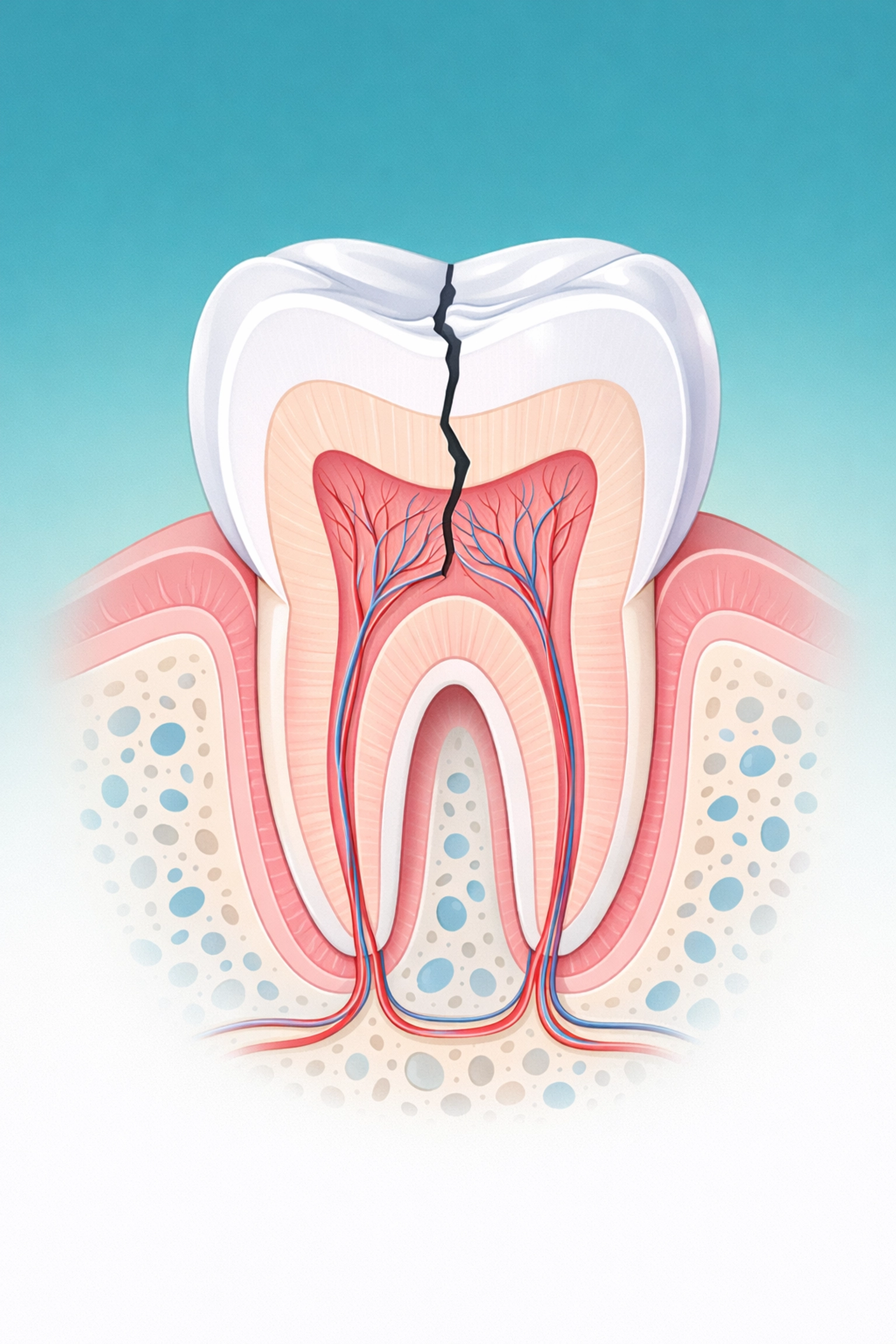 Cross-section of cracked molar tooth showing damage requiring immediate dental care