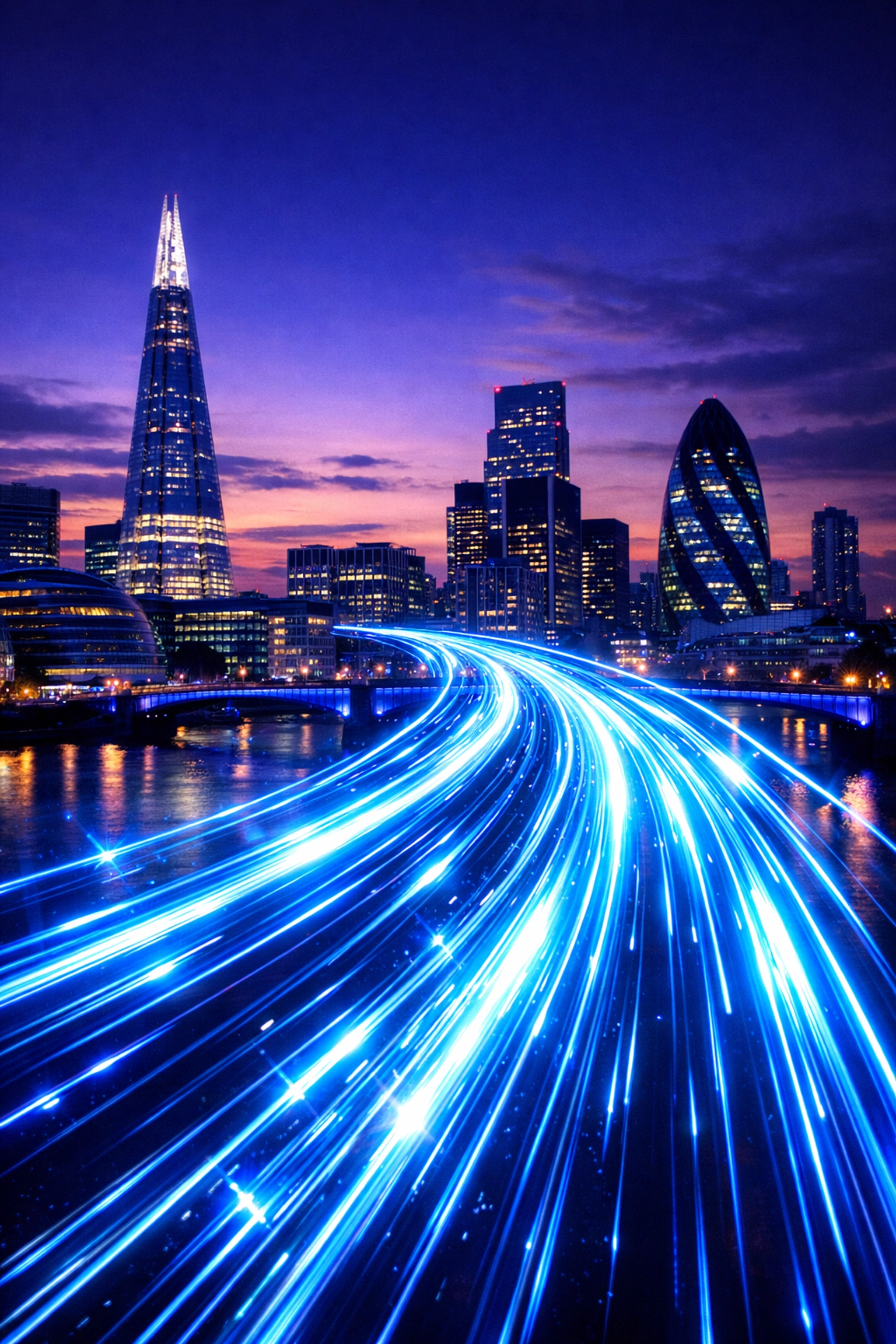 High-speed data light trails across a UK skyline, illustrating fast LMS performance for training providers.