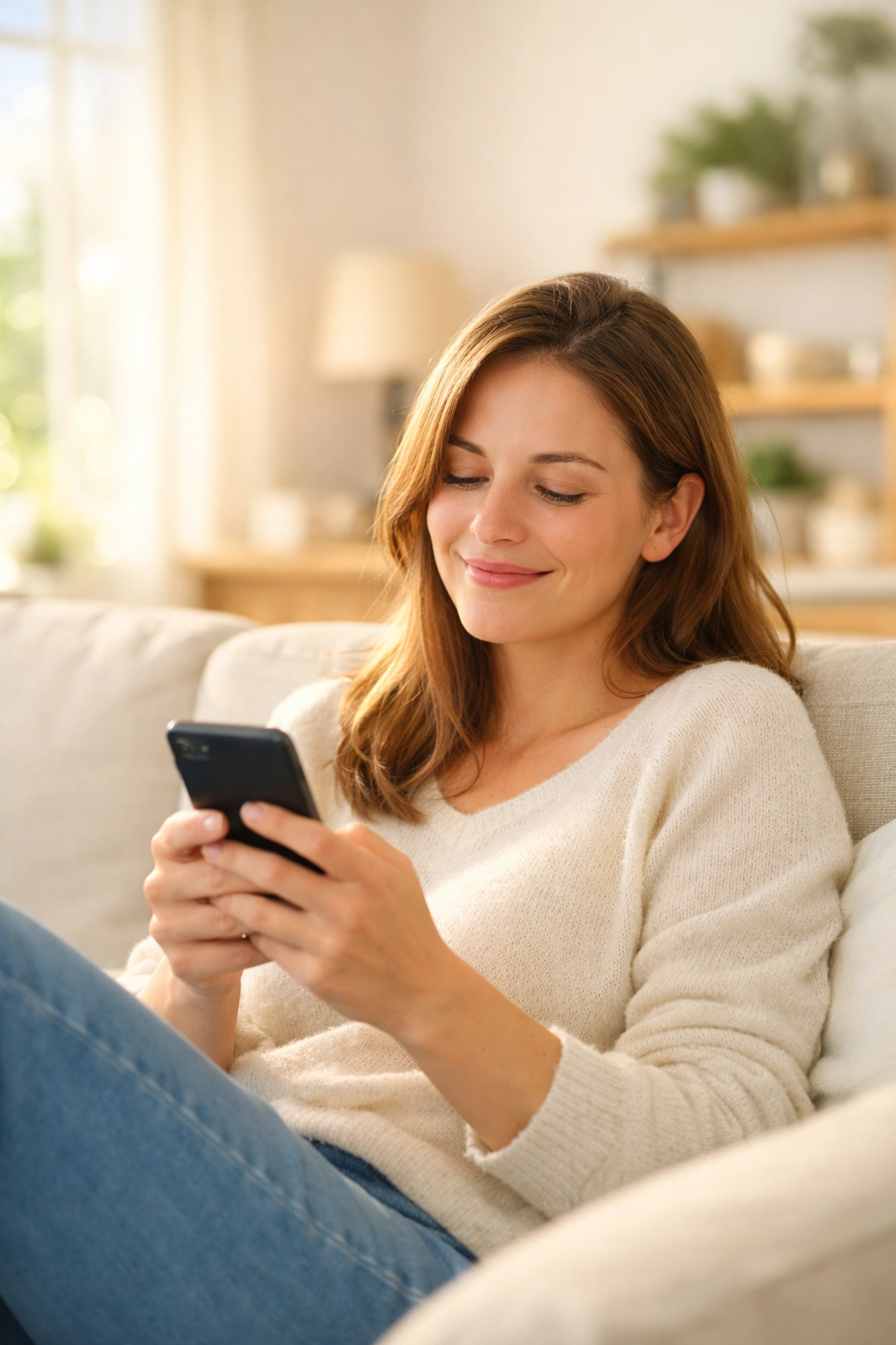 Woman smiling while applying for an instant payday loan Canada on her smartphone.