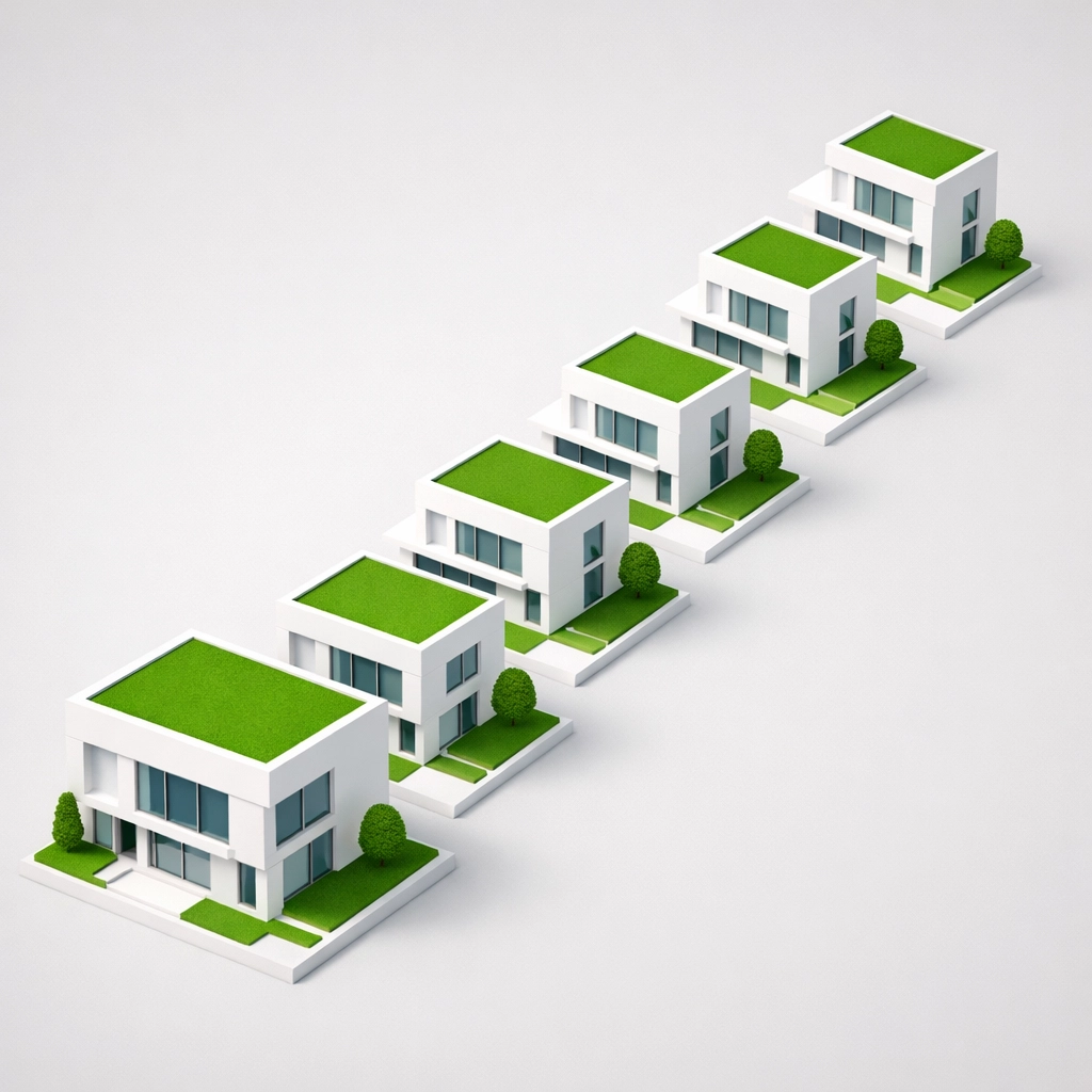 A row of modern houses symbolizing a scaled real estate portfolio using the BRRRR method in Ohio and Pennsylvania.